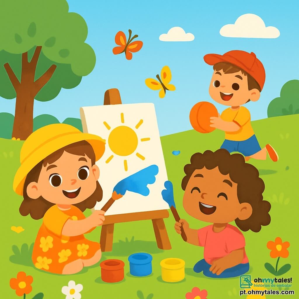 Uma menina de 2 anos, Luna, com grandes olhos brilhantes e um sorriso radiante, usa um chapéu amarelo vivo e um vestido florido. Ela está sentada na grama verde, cercada por potes de tinta colorida, pintando um grande sol em uma tela branca. Ao lado dela, Mia, uma menina de 3 anos com cabelos cacheados e uma camiseta rosa, segura um pincel e espirra tinta azul em sua tela, rindo alegremente. Um pouco mais longe, Tomás, um menino de 4 anos com cabelo castanho e boné vermelho, corre com uma bola nas mãos, pronto para brincar. O local é um campo ensolarado de verão, repleto de flores coloridas, árvores verdes e um céu azul brilhante. Borboletas voam ao redor, acrescentando magia à atmosfera alegre. A cena principal mostra Luna e seus amigos se divertindo pintando juntos, cheios de alegria e criatividade, aproveitando seu dia de verão.