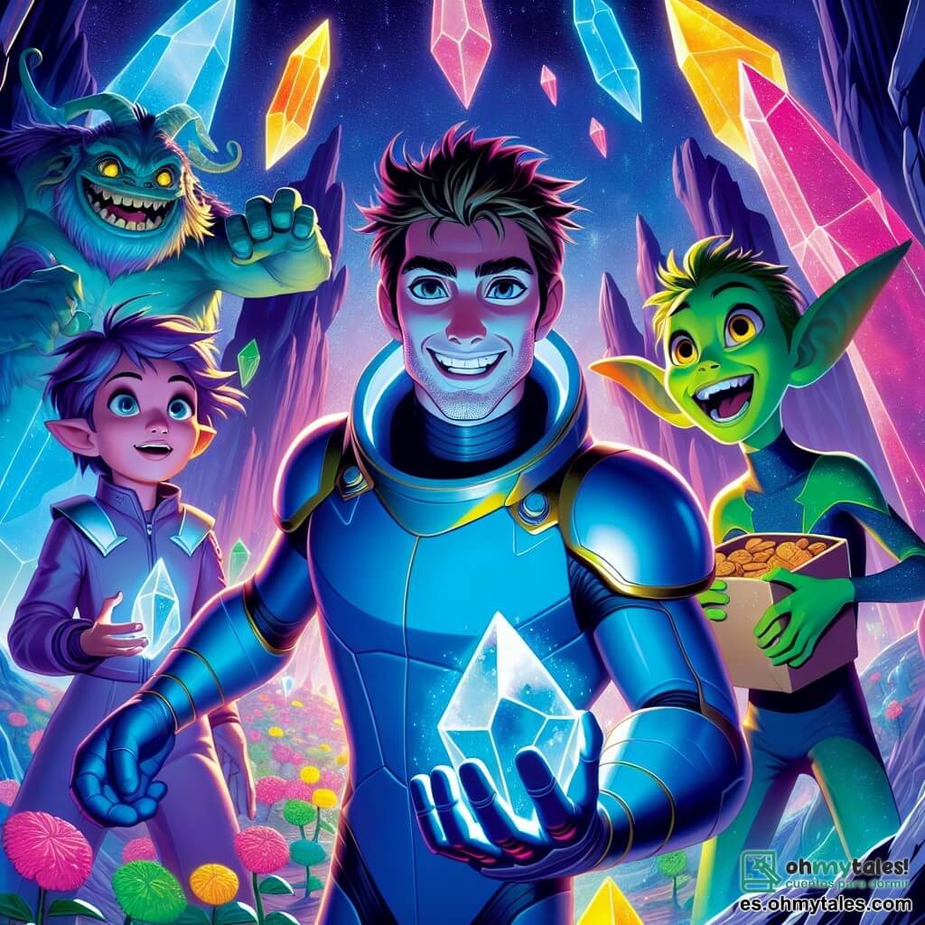 Zorak, un hombre de estatura media con cabello despeinado y un brillante traje espacial azul, se encuentra en el centro de la escena, con el rostro iluminado por la emoción y la determinación. Sus ojos brillan de entusiasmo mientras sostiene en una mano el Cristal de las Estrellas, un objeto resplandeciente de colores vivos. A su lado, Lila, una joven alienígena de 12 años con grandes orejas puntiagudas y ojos dorados, utiliza su magia para hacer florecer plantas coloridas a su alrededor, añadiendo un toque de verdor al entorno espacial. Grun, un gigante verde de rostro amigable, se encuentra un poco detrás, sosteniendo una bolsa de galletas, con una amplia y alegre sonrisa, listo para celebrar su victoria. La escena tiene lugar dentro de una imponente fortaleza de cristal negro y metal, con paredes brillantes que reflejan la luz de las estrellas exteriores. Hologramas de conquistas flotan a su alrededor, creando una atmósfera mágica y amenazante. Zorak y sus amigos acaban de recuperar el Cristal de las Estrellas y se encuentran juntos, triunfantes, listos para huir de la fortaleza del Lord Drakon, rodeados de flores brillantes y un ambiente festivo.