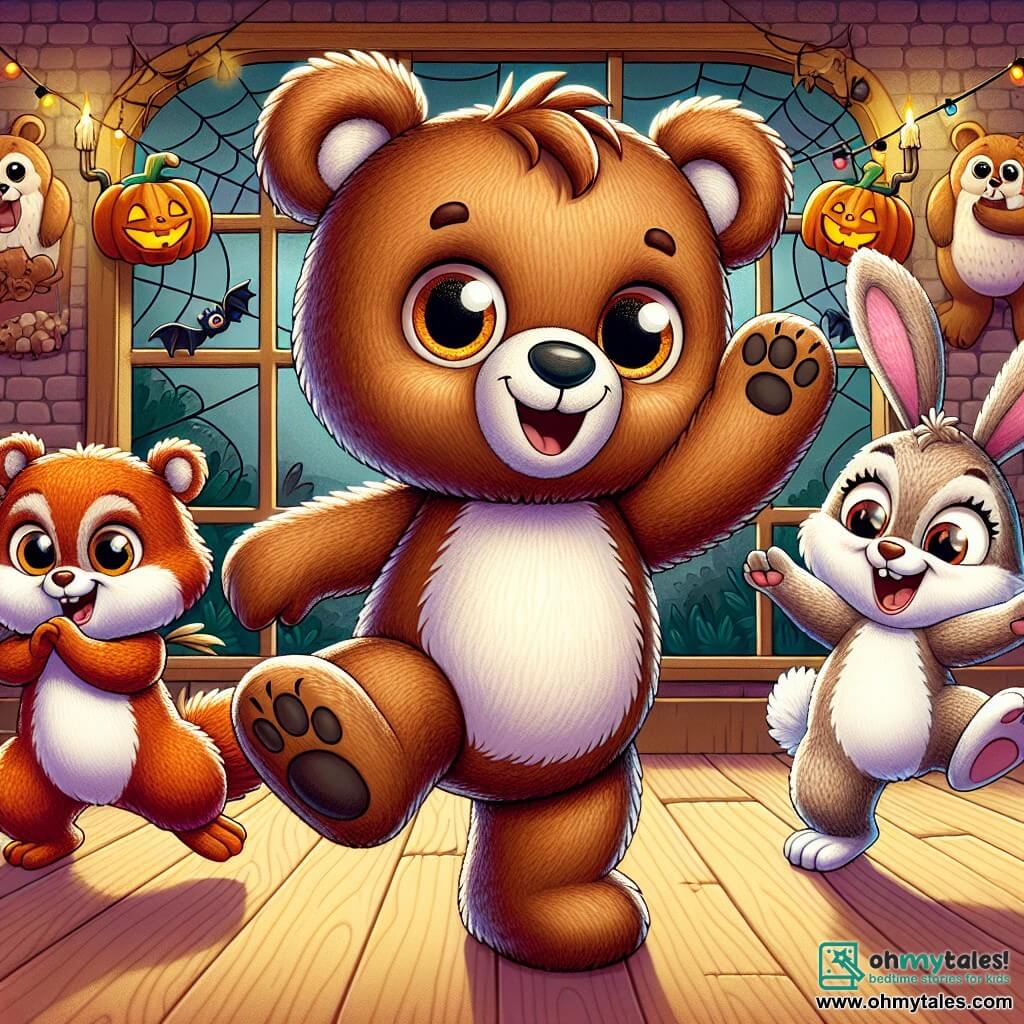 Benny the Bear, a soft and fluffy teddy bear with brown fur and sparkling curious eyes, dances joyfully in the middle of the room with a big smile on his face. Next to him, Lucy the Squirrel, a small squirrel with reddish fur and bright eyes, enthusiastically twirls with her little paws raised to the sky. Max the Rabbit, a rabbit with big ears and white fur, hops around them, laughing with joy, his pink cheeks glowing with excitement. The scene takes place inside the Haunted Hoot House, a pumpkin-shaped house with spiderweb-covered walls and colorful lights twinkling in the dark. Smiling owl portraits adorn the walls, adding a fun touch to the atmosphere. In this main scene, Benny, Lucy, and Max are having fun together in a joyful dance, celebrating Halloween with laughter and games, surrounded by a festive and friendly ambiance.
