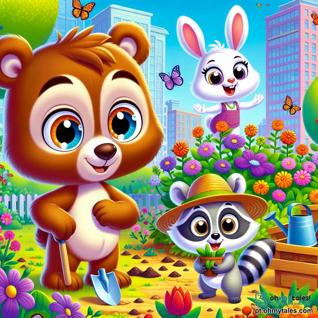 Um jovem urso pardo, chamado Bernardo, com pelagem macia e olhos brilhantes de curiosidade, está no centro de um jardim em transformação. Ele sorri entusiasmado, segurando uma pequena pá, pronto para plantar uma nova flor colorida. Ao seu lado, uma coelhinha branca chamada Lia, com grandes orelhas e um chapéu de palha, salta de alegria segurando um regador cheio de água, seu rosto radiante de excitação. Um jovem guaxinim, Tomás, com pelagem cinza e olhos travessos, está agachado perto de uma caixa de sementes, sorrindo amplamente, pronto para semear.

O jardim está localizado em um canto ensolarado da cidade, cercado por grandes árvores verdes e flores vibrantes, com borboletas coloridas voando ao redor. Ao fundo, vêem-se edifícios modernos, mas o jardim é um refúgio de paz, cheio de cores vivas e vida. A cena mostra Bernardo e seus amigos trabalhando juntos, unidos pela paixão pela natureza, enquanto transformam o espaço em um lugar acolhedor para pássaros e insetos.
