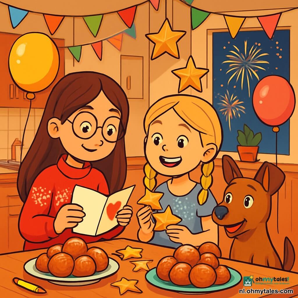 Er zijn 3 personages: - Lotte: een 10-jarig meisje met lang bruin haar en ronde brillen. Ze draagt een rode trui met sneeuwvlokpatronen en houdt een wenskaart in haar handen. - Noor: een 10-jarig meisje met blonde vlechten en een grote glimlach. Ze is gekleed in een jurk met zilveren glitters en houdt papieren sterren in haar andere hand. - Max: een middelgrote hond met een bruine vacht en sprankelende ogen. Hij zit naast de meisjes, met zijn oren omhoog, klaar om te spelen. De locatie is een warme keuken, versierd met kleurrijke slingers en glinsterende ballonnen. De tafel is bedekt met oliebollen, en er hangen papieren sterren aan het plafond. Buiten zijn vuurwerk te zien dat de nachtelijke lucht verlicht. De hoofdscène toont Lotte en Noor, omringd door feestelijke versieringen, terwijl ze een wenskaart voor hun grootmoeder maken, terwijl Max nieuwsgierig toekijkt, klaar om het nieuwe jaar met hen te vieren.