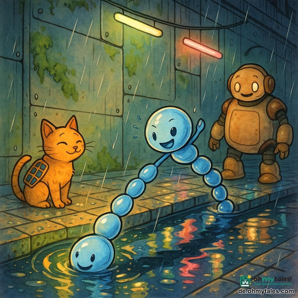Kix, ein kleiner Kieselroboter mit silbrig glänzender, leicht blau schimmernder Metalloberfläche, zeigt einen freudigen, entschlossenen Blick, streckt sich zu einer Kette glänzender Kiesel und rollt, um eine Brücke über das Wasser zu bauen; die Solar-Katze, eine robotisierte Katze mit goldenen Solarpaneelen auf dem Rücken, sitzt links am Rand des leuchtenden Kanals und schnurrt dankbar; ein alter, creme-brauner Reinigungsroboter mit runden Formen und leuchtenden Augen beobachtet stolz im Hintergrund rechts; Ort: schmale Straße einer futuristischen Stadt mit texturierten Metallwänden, grüner Moosbedeckung und pastellfarbenen Neonlichtern, nasse, spiegelnde Pflastersteine und Pfützen; Szene: gemeinsamer Bau einer silbernen Kieselbrücke über einen dunklen Kanal, warme Stimmung trotz Regen, sanfte Lichtkontraste, farbige Tuscheoptik mit klaren Linien und Lichtakzenten.