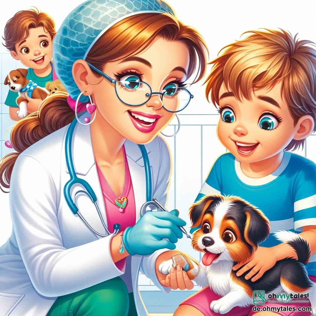 Eine Tierärztin, eine etwa dreißigjährige Frau, lächelnd und freundlich, trägt eine weiße Jacke und eine Arztmütze. Ihre braunen Haare sind zu einem Pferdeschwanz gebunden, und sie hat eine Brille auf der Nase. Sie behandelt einen kleinen Hund mit großen Ohren, mit einem Ausdruck von Konzentration und Sanftheit auf ihrem Gesicht. Neben ihr beobachtet ein 8-jähriger Junge mit blonden Haaren und funkelnden Augen staunend. Er trägt ein blaues T-Shirt und Shorts. In der Hand hält er ein kleines Plastikhörgerät und schaut die Tierärztin bewundernd an. In einer Ecke streichelt ein 6-jähriges Mädchen mit lockigen Haaren und strahlendem Lächeln eine schwarz-weiße Katze, die schnurrt. Sie trägt ein rosa Kleid mit Blumenmustern. Die Szene spielt in einem hellen und einladenden Untersuchungsraum einer Tierklinik mit pastellgrün gestrichenen Wänden, bunten Tierpostern und verstreuten Spielzeugen auf dem Boden. Die Tierärztin untersucht aufmerksam das Bein des kleinen Hundes, der einen Verband hat, während die Kinder neugierig und begeistert zuschauen, bereit zu lernen, wie man Tieren hilft.
