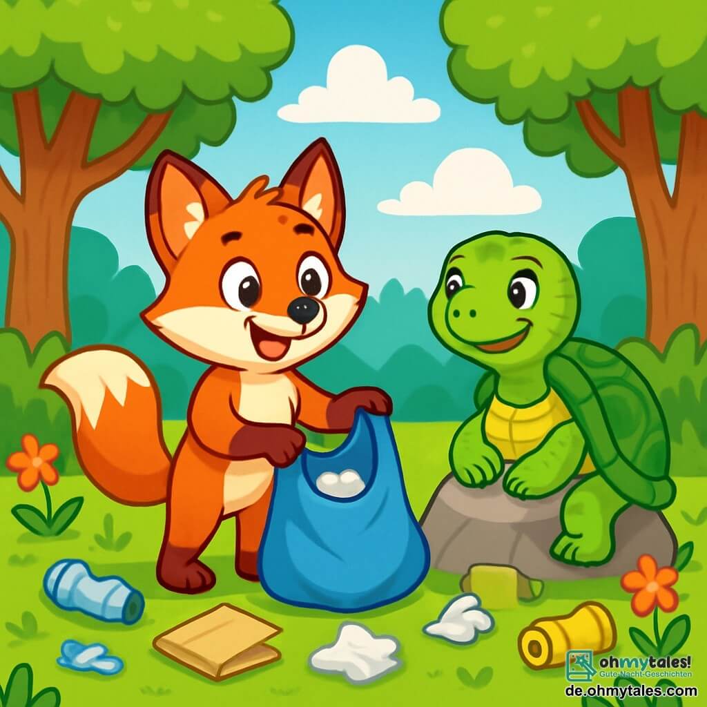 Ein kleiner roter Fuchs namens Felix, mit glänzendem Fell und neugierigen, funkelnden Augen, steht enthusiastisch in der Mitte der Szene und schaut sich um. An seiner Seite sitzt eine weise alte Schildkröte namens Greta, mit einem grünen, von natürlichen Mustern geschmückten Panzer, die stolz lächelt, während sie ruhig auf einem Felsen sitzt und Felix beobachtet. Im Hintergrund erstreckt sich eine wunderschöne Waldlandschaft mit majestätischen Bäumen und lebhaft grünen Blättern, bunten Blumen, die im Wind tanzen, und einem strahlend blauen Himmel, der mit flauschigen Wolken bedeckt ist. Felix und Greta sind von Müll umgeben und sammeln Abfälle auf, um ihren wertvollen Lebensraum zu reinigen und ihre Entschlossenheit zu zeigen, die Natur zu schützen.