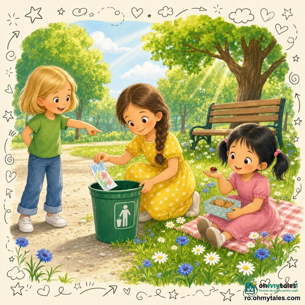 Trei fetițe într-un parc însorit: o fată de ~6 ani cu părul brun împletit, rochie galbenă cu buline, ghemuită lângă o alee aruncând o hârtie într-un coș de gunoi verde; o fetiță de ~5 ani blondă, în picioare, zâmbitoare, arătând spre coș pentru a o ajuta; o fetiță de ~4 ani cu părul în două cozi, în rochie roz, șezând pe o pătură și oferind o cutie de biscuiți în timp ce privește o buburuză pe mână; iarbă verde cu flori, băncuță și copaci, atmosferă veselă și luminoasă, raze blânde de soare și mici doodle-uri (inimi, frunze, păsări) în jur.
