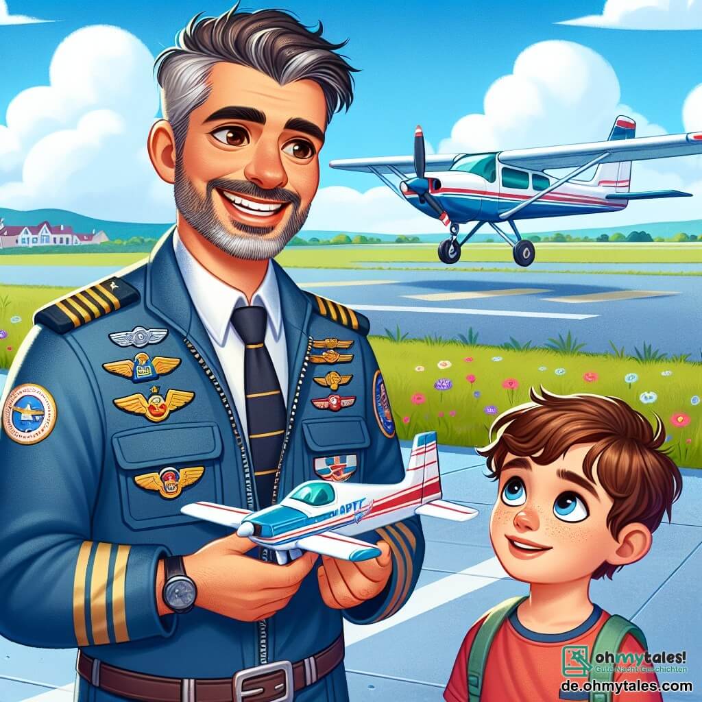 Ein erfahrener Pilot, ein Mann in den Vierzigern mit leicht grauen braunen Haaren und einem gepflegten Bart, lächelt stolz, während er neben einem kleinen Flugzeug auf einer Landebahn steht. Er trägt einen blauen Fluganzug mit bunten Abzeichen, und seine Augen strahlen vor Aufregung und Leidenschaft für die Luftfahrt. Neben ihm steht ein 10-jähriger Junge, Felix, mit zerzausten blonden Haaren und einem roten T-Shirt, der den Piloten bewundernd ansieht, seine Augen weit vor Staunen. Er hält ein kleines Flugzeugmodell in den Händen und träumt davon, eines Tages zu fliegen. Die Szenerie zeigt einen schönen sonnigen Tag mit einem klaren blauen Himmel, der mit einigen flauschigen weißen Wolken gesprenkelt ist. Im Hintergrund sind grüne Felder und entfernte Berge zu sehen, während das Flugzeug auf einer Landebahn parkt, die von bunten Blumen umgeben ist. Die Hauptsituation zeigt den Piloten, der Felix begeistert die Grundlagen des Fliegens erklärt, während der Junge aufmerksam zuhört, bereit zu lernen und seinen Traum, Pilot zu werden, zu verwirklichen.
