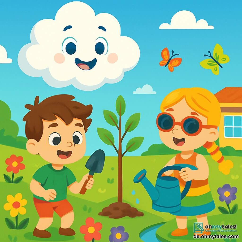 Fluffy, eine kleine, weiße, fluffige Wolke mit funkelnden blauen Augen, schwebt fröhlich über einem lebhaften Schulgarten und zeigt ein großes Lächeln. Max, ein Junge mit zerzausten braunen Haaren, trägt ein grünes T-Shirt und Shorts, ist begeistert und hält eine kleine Schaufel, bereit, einen Baum zu pflanzen. Mia, seine Zwillingsschwester mit geflochtenen blonden Haaren, trägt ein buntes Kleid und Sonnenbrillen, lächelt und hält eine Gießkanne voller Wasser. Der Garten ist voller leuchtender Blumen, junger Bäume und bunter Schmetterlinge, die umherfliegen, während ein glitzernder Bach in der Nähe fließt und den blauen Himmel widerspiegelt. Die Szene strahlt eine fröhliche und dynamische Atmosphäre aus und zeigt den Teamgeist der Kinder, die sich für den Schutz der Natur einsetzen.