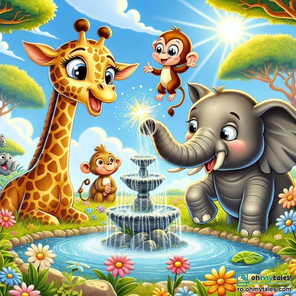 O girafă numită Gigi, cu un gât lung și elegant și pete aurii pe blană, stă lângă o fântână magică, cu ochii strălucind de entuziasm și un zâmbet mare pe față. Lângă ea, un elefant pe nume Edi, cu urechi mari și piele gri, folosește trompa pentru a stropi alți animale însetate, arătând o expresie de bucurie și mândrie. În fundal, o maimuță jucăușă numită Mona, cu blană brună și ochi șireți, se cațără pe o ramură de copac, observând scena cu un zâmbet amuzat. Decorul este o savană însorită, presărată cu flori colorate și iarbă verde, sub un cer albastru strălucitor. Situația principală arată cum Gigi și prietenii ei sărbătoresc descoperirea apei, înconjurați de animale fericite care se adăpă la fântână, simbolizând unitatea și prietenia în natură.