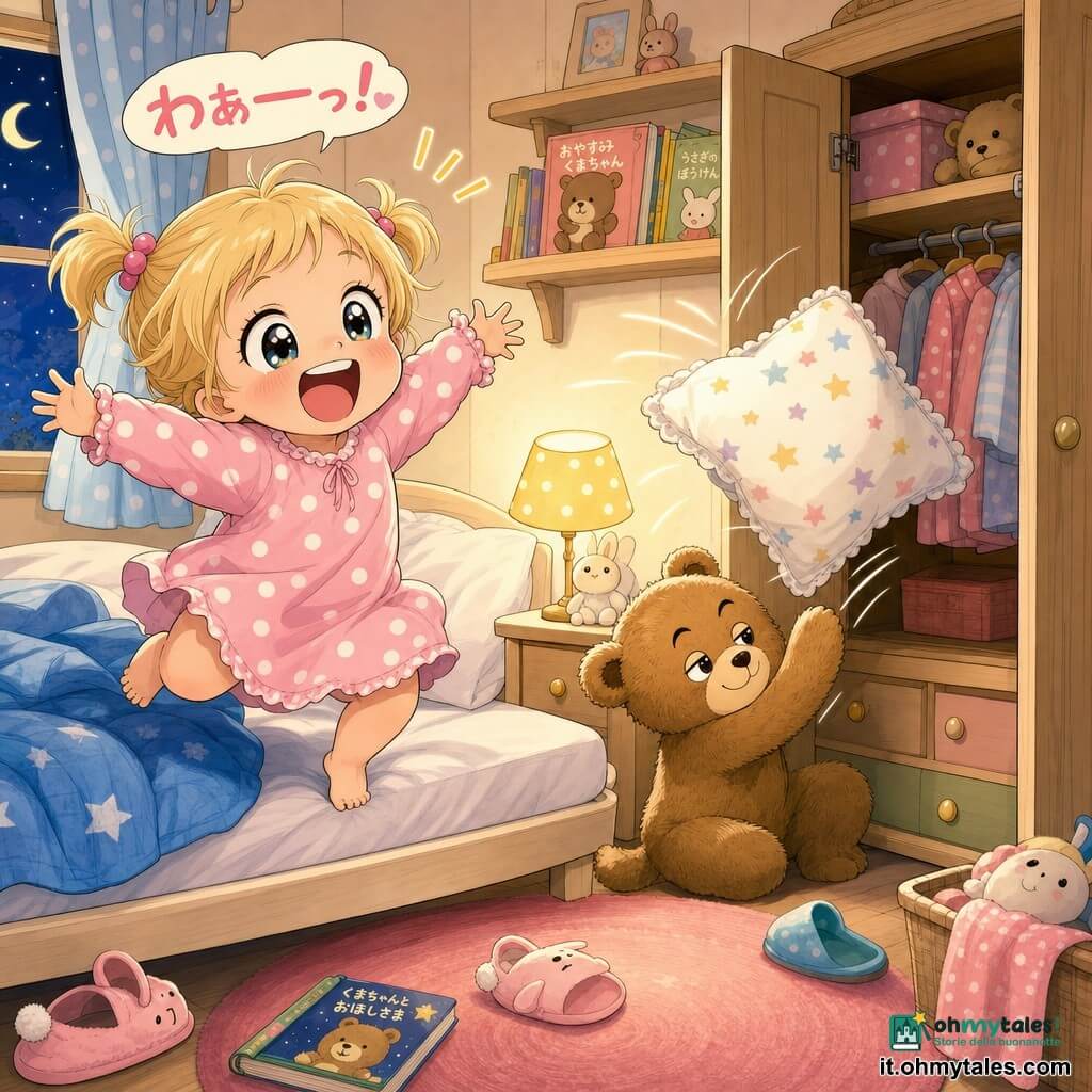 Bambina di 2 anni, bionda con due codini, occhi grandi e brillanti, gioiosa e sorpresa, gioca nel letto in camicia da notte a pois rosa; ride a crepapelle, mani aperte, saltella su un materasso bianco con coperta blu. Accanto a lei un orsetto di peluche marrone dall'aspetto consumato la osserva complice mentre spinge un cuscino; un cuscino bianco con fodera a stelle salta fuori da un'armadio in legno chiaro. La stanza piccola e accogliente ha pareti crema, tappeto rosa e luce soffusa dalla lampada gialla, atmosfera notturna dolce, colori pastello e tratti teneri.