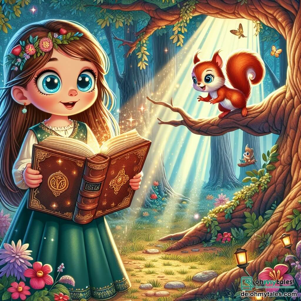 Ein 9-jähriges Mädchen, Lila, mit langen braunen Haaren und funkelnd blauen Augen steht im Mittelpunkt der Szene und hält ein altes, ledernes Buch mit goldenen Buchstaben. Ihr Gesicht drückt Neugier und Staunen aus, während sie eine magische Welt entdeckt. An ihrer Seite klettert ein kleiner Eichhörnchen namens Max mit rotem Fell und schelmischen Augen auf einen Ast und beobachtet Lila mit einem schelmischen Lächeln. Die Kulisse ist ein verzauberter Wald mit großen, knorrigen Bäumen und grünen Blättern, erleuchtet von Sonnenstrahlen, die durch das Blätterdach filtern. Bunte Blumen und glühende Glühwürmchen verleihen der Umgebung einen Hauch von Magie. Die Hauptsituation zeigt Lila, die das magische Buch unter einem alten Baum entdeckt, umgeben von einer leuchtenden Aura, während Max sie ermutigt, das Buch zu öffnen, um die Geheimnisse einer Abenteuermärchenwelt zu enthüllen.