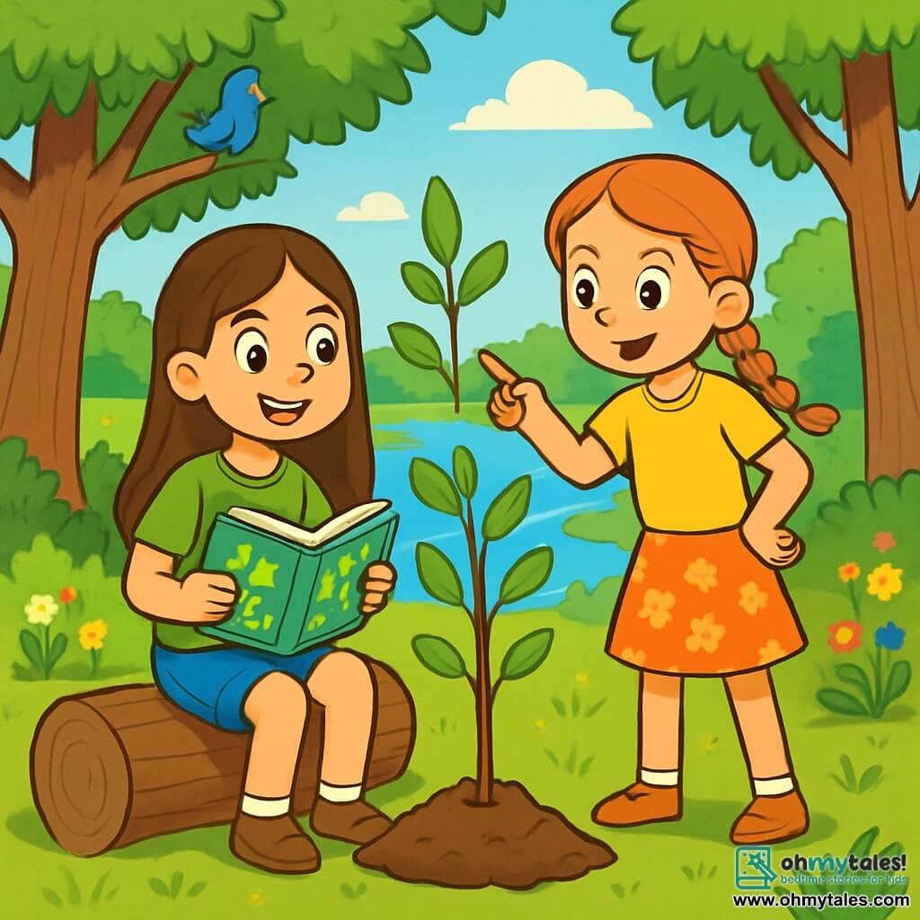 There are two main characters: - Lily: a 10-year-old girl with long brown hair, wearing a green t-shirt and denim shorts. She is sitting on a tree trunk, an enthusiastic smile on her face, holding a book about nature. - Emma: a 10-year-old girl with braided red hair, dressed in a yellow t-shirt and a flower skirt. She is standing next to Lily, pointing at a young tree they just planted, with a determined look. The main setting is a beautiful sunny clearing by a sparkling river. Majestic trees surround the area, their green leaves gently dancing in the wind. The ground is dotted with colorful flowers, and the river reflects the blue sky, creating a joyful and vibrant atmosphere. The main situation shows Lily and Emma, their hands covered in dirt, celebrating the success of their tree-planting day. They are surrounded by young plants, and birds are singing joyfully in the branches above them, symbolizing the harmony between nature and their efforts to protect the environment.