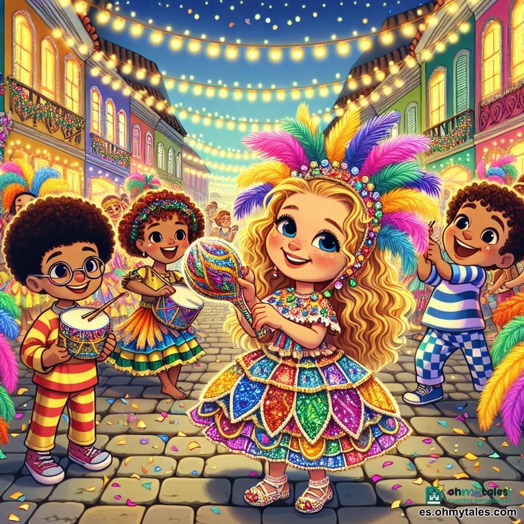 Una niña de 8 años, Lina, con cabello rizado y dorado, lleva un vestido colorido hecho de trozos de tela con alegres estampados. Su rostro irradia emoción y felicidad, y sus ojos brillantes reflejan el entusiasmo del carnaval. Sostiene un pandeiro decorado con plumas y espejos, lista para tocar música. A su lado, João, un niño de 9 años con gafas redondas y una camiseta a rayas, sonríe mientras sujeta plumas coloridas que está colocando en el pandeiro de Lina. Más lejos, Beto, el hermanito de Lina de 6 años, baila con burbujas de jabón flotando a su alrededor, con ojos brillantes de alegría. La escena ocurre en una calle animada, rodeada de casas de fachadas vibrantes, donde guirnaldas de luces brillan. Personas disfrazadas bailan y ríen, creando una atmósfera festiva y cálida. Lina, rodeada de sus amigos, se prepara para tocar música con su pandeiro, mientras la multitud aplaude y se prepara para bailar. El aire está lleno de confeti colorido y notas musicales, capturando el espíritu alegre del carnaval.
