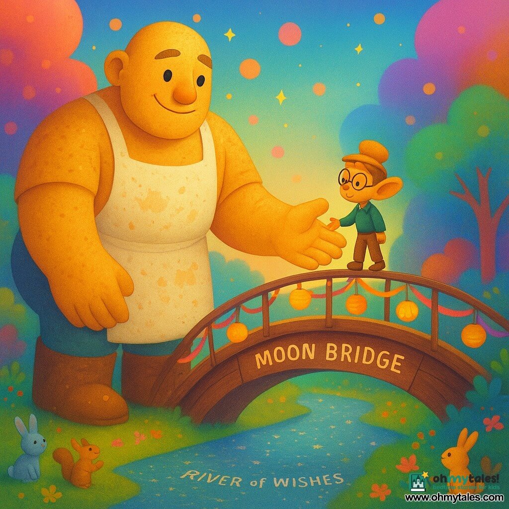 The main character is a towering, benevolent male giant with golden, dough-like textured skin, round shining eyes and a warm smile, offering a huge gentle hand to a small companion; he wears crumb-covered boots and a flour-stained apron. The secondary character, Logic, is a curious, slightly mischievous little boy-creature with long floppy ears and round glasses, standing on the giant’s thumb as they cross Moon Bridge, a singing-plank bridge with hanging lanterns, ribbon rails and a shimmering surface above the pearlescent River of Wishes. The setting is a textured rainbow forest with dancing flowers and small animals cheering at the path’s edge beneath a pastel, dotted sky; the giant helps Logic across in a centered, warm dusk scene with soft light, joyful, secure atmosphere and harmonious contrasting colors.