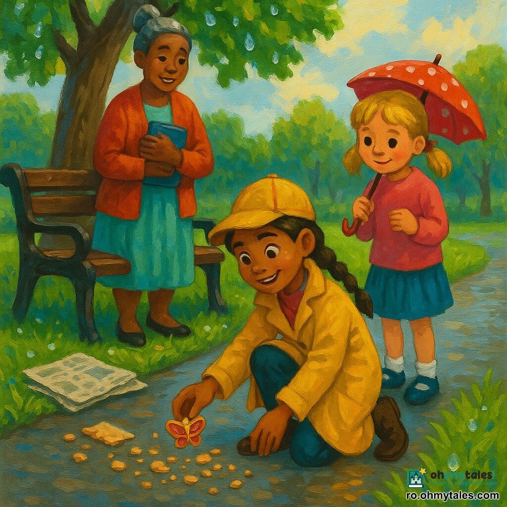 Detectivă tânără de circa 12 ani, zâmbitoare, ochi vii, păr brun împletit, poartă o șapcă mică și un impermeabil galben, se îngenunchează și ridică o broșă în formă de fluture; bibliotecară adultă de cca. 45 de ani, păr gri prins în coc, expresie ușurată, ține un carnet albastru strâns la piept, lângă o bancă mare din lemn; prietenă de vreo 10 ani, păr blond în cozi, ține o umbreluță roșie cu buline albe și privește broșa; parc după ploaie, alee pietruită udă, iarbă verde cu picături strălucitoare, bancă închisă la culoare sub un stejar cu frunze perlate de apă, ziare și firimituri pe sol; scenă principală: detectiva găsește broșa printre firimiturile de biscuiți lângă bancă, personajele adunate în jur, atmosferă luminoasă de după ploaie cu raze blânde de soare; stil vizual: pictură acrilică cu culori saturate, tușe vizibile, texturi groase pentru iarbă și scoarță, reflexii argintii pe picăturile de apă.