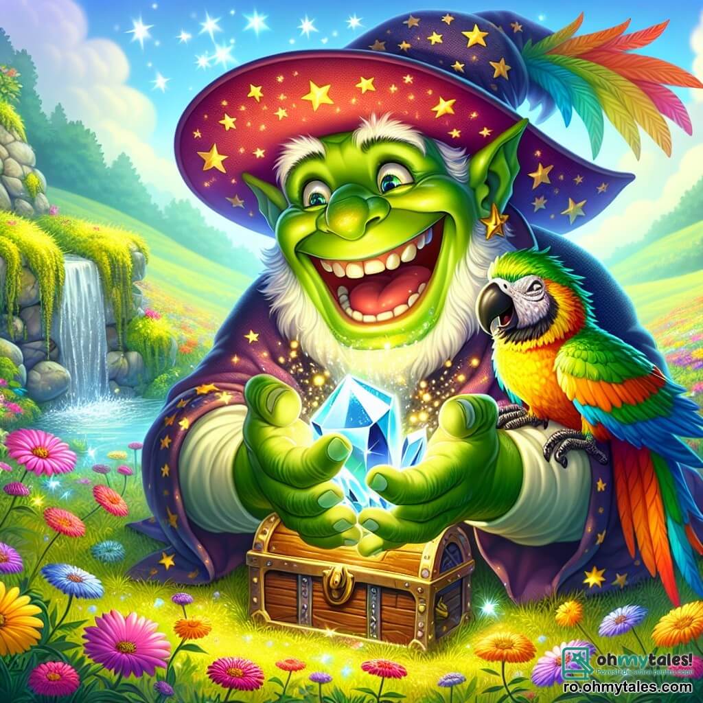 Un ogre vesel numit Oliviu, cu o piele verde strălucitoare, ochi sclipitori ca stelele și un zâmbet larg, stă în centrul scenei. Poartă o pălărie colorată cu boruri largi și ține un cristal strălucitor în mâini, radiază de entuziasm și fericire. Lângă el, un papagal multicolor, cu pene vii și strălucitoare, zboară vesel în jurul său, cântând melodii amuzante. Scena se desfășoară într-o poieniță minunată, plină de flori colorate care dansează în vântul blând. La mijloc, o fântână veche, acoperită cu mușchi și flori sălbatice, strălucește sub razele soarelui, creând o atmosferă magică. Oliviu, împreună cu prietenul său papagal, a descoperit un cufăr vechi, plin de comori, și este pe punctul de a face o dorință ținând cristalul magic, ilustrând astfel entuziasmul și aventura căutării lor.