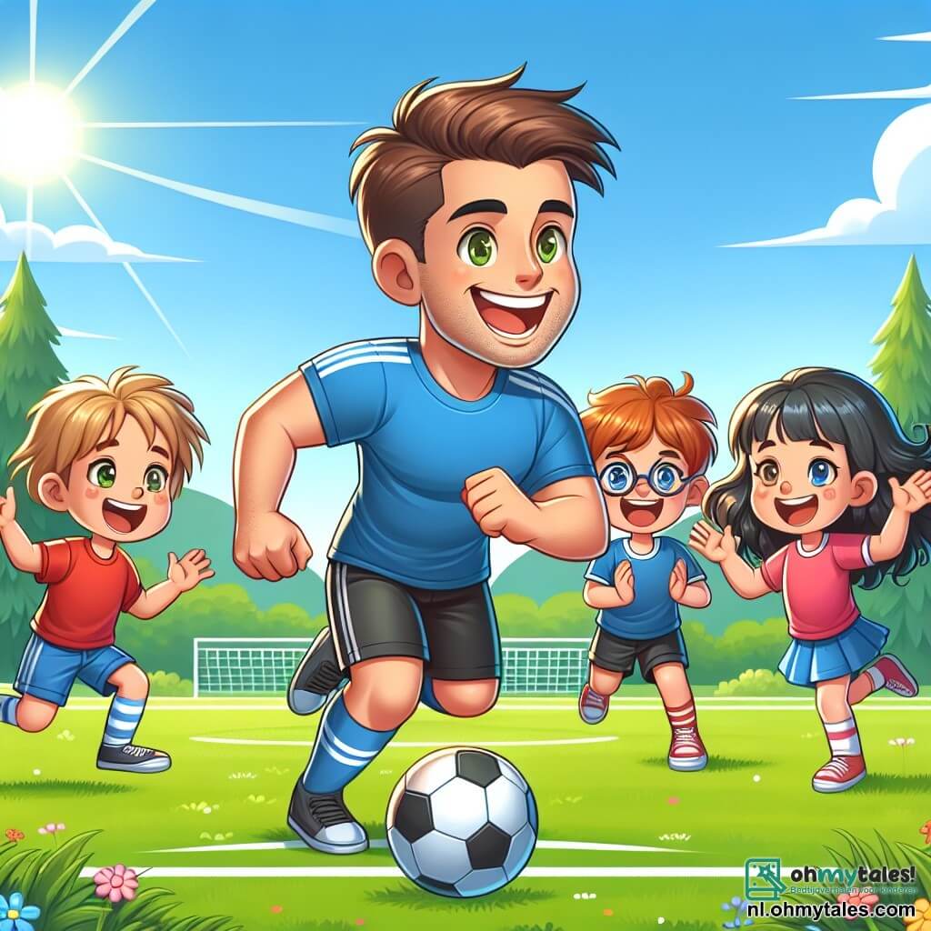 Illustratie van een atletische man met kort bruin haar, gekleed in een blauwe voetbalshirt en een zwarte short. Hij glimlacht vrolijk terwijl hij een voetbal dribbelt op een groen veld. Naast hem staat een groep van vier kinderen, twee jongens en twee meisjes, van ongeveer 8 tot 10 jaar. De eerste jongen heeft rommelig blond haar en draagt een rood t-shirt. Hij springt van blijdschap met zijn armen omhoog en een grote glimlach. Het eerste meisje heeft lang bruin haar, draagt een roze sportjurk en applaudisseert enthousiast. De tweede jongen, met een bril en kastanjebruin haar, is geconcentreerd en klaar om de bal te ontvangen. Het tweede meisje, met krullend zwart haar, lacht terwijl ze naar de bal rent. De hoofdlocatie is een groot voetbalveld, omringd door hoge groene bomen en onder een stralende blauwe lucht. De zon schijnt en verlicht het gras in een felgroene kleur, terwijl kleurrijke bloemen het veld omringen. De situatie laat de man en de kinderen samen voetballen, lachend en plezier makend, wat een vrolijke en vriendelijke sfeer creëert. Witte wolken drijven zachtjes in de lucht, wat een vleugje lichtheid aan de scène toevoegt.