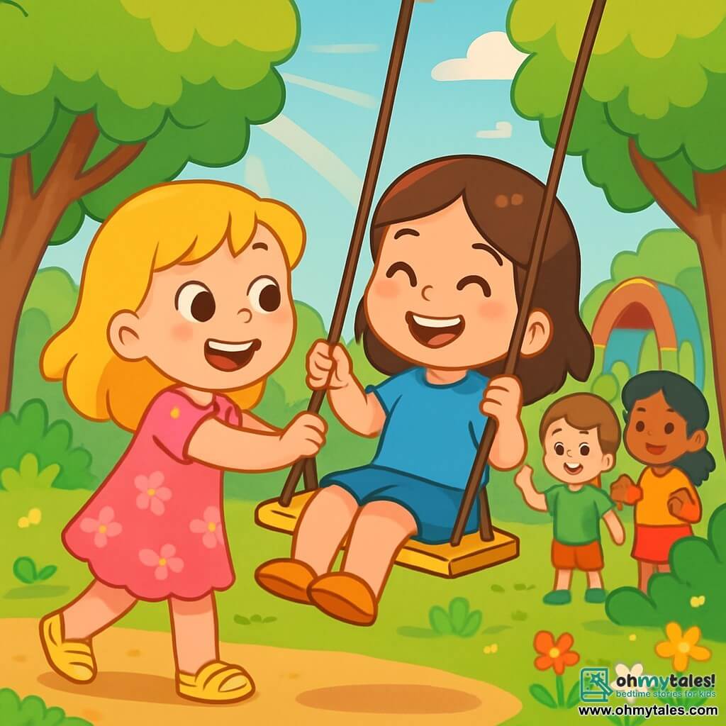 A 6-year-old girl, Lily, with shiny blonde hair and sparkling eyes, joyfully smiles as she pushes a swing. She wears a pink floral dress and yellow sandals, her face expressing excitement and genuine friendship. Next to her, Mia, a 6-year-old girl with brown hair and gentle eyes, sits on the swing, laughing happily. She wears a blue t-shirt and a denim skirt. In the background, other children, Tom, a 6-year-old boy with brown hair and a green shirt, and Sarah, a 6-year-old girl with black hair and caramel skin, cheer them on with smiles. The setting is a sunny park filled with lush green trees, colorful flowers, and a lively playground. Sun rays filter through the leaves, creating a joyful and warm atmosphere. The main scene shows Lily and Mia sharing a moment of joy and friendship as Mia learns to swing, surrounded by laughter and support, illustrating tolerance and acceptance of differences.