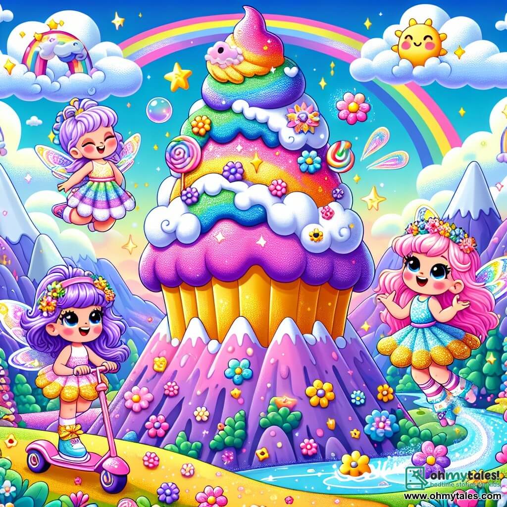 In an enchanting landscape, three little fairies stand on top of a colorful mountain. Lila, a fairy with purple hair and sparkling wings, lies on a fluffy cloud with a dreamy smile. Tilly, with her pink hair and golden sequined dress, joyfully dances while holding her magic wand, surrounded by bubbles of light. Bubbles, the fairy with blue hair and a flower skirt, rolls on her little scooter, laughing heartily. The setting is Giggle Mountain, covered in multicolored flowers and sparkling streams, with a huge rainbow cupcake at the center, surrounded by glitter and stars. The fairies laugh and play, trying to catch the happily rolling cupcake, creating a scene full of magic and joy.