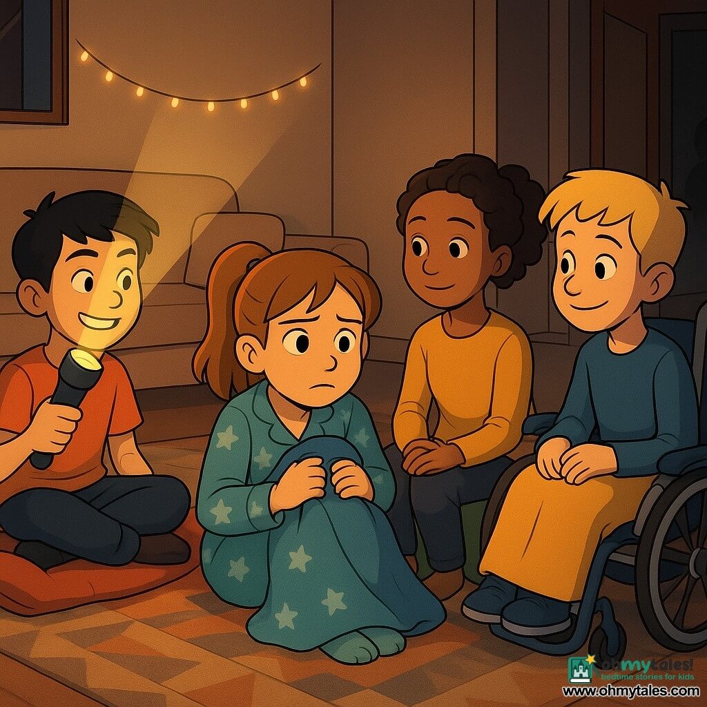 Four children: Mia, ~10, light brown hair in a ponytail, star pajamas, clutching a blue blanket and sitting center-stage, anxious but determined; Jay, ~11, short black hair, mischievous smile, holding a large flashlight (warm cone of light) to Mia’s left on a red sleeping bag; Noor, ~10, curly tied hair, calm and reassuring, hands on her knees to Mia’s right on a green cushion; Leo, ~11, blond, smiling in a modern blue wheelchair at the front right with a small yellow blanket, wheel slightly turned toward the group; setting: cozy apartment living room at night with warm soft light, geometric rug, sofa, steaming hot chocolate on a wooden coffee table, an open hallway showing dim darkness and a long shadow, and fairy lights around the window; scene: a comforting night together as Mia faces her fear of the dark — Jay shines the “torch of courage” at the ceiling, Noor stays calm and supportive, Leo proposes a plan, with tender expressions and soft contrasts between lit areas and the hallway shadow.