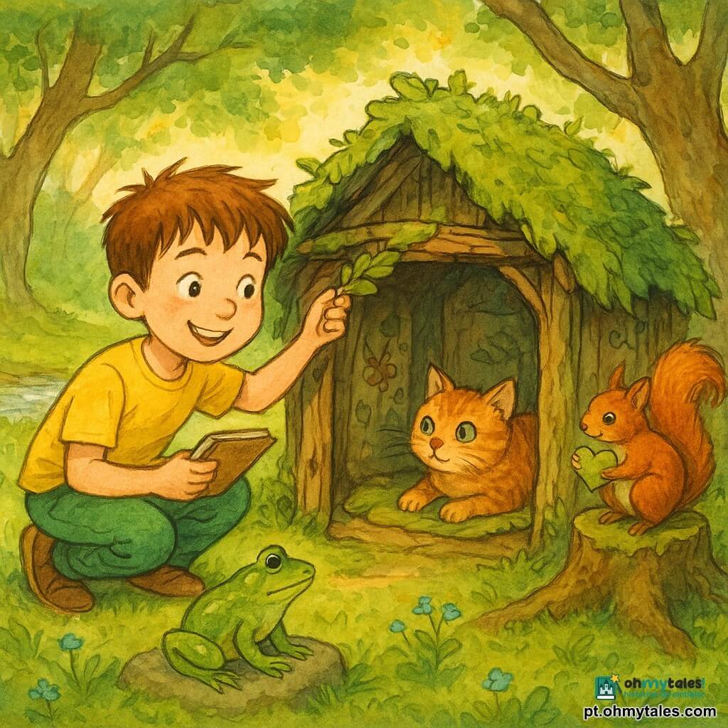 Um menino de 8 anos, rosto redondo, cabelo castanho desgrenhado, olhos brilhantes e sorriso confiante, veste camiseta amarela e calças verdes; agachado diante da entrada de uma pequena cabana de madeira coberta de musgo, afasta galhos para mostrar um pequeno caderninho a seus novos amigos: um gato tigrado ruivo de olhos verdes deitado num almofadinha dentro da cabana, uma rã verde brilhante pousada numa pedra junto à entrada e um esquilo ruivo segurando uma folha em forma de coração num tronco musgoso à direita; a cabana, minúscula, feita de gravetos e folhas com porta de cortiça entreaberta e almofadas de folhas no interior, situa‑se numa clareira de parque com relva primaveril, troncos retorcidos, flores azuis e um riachinho ao longe; cena de descoberta calorosa e alegre, atmosfera suave, cores vívidas em tinta, traços finos e texturas de musgo e madeira bem marcadas.