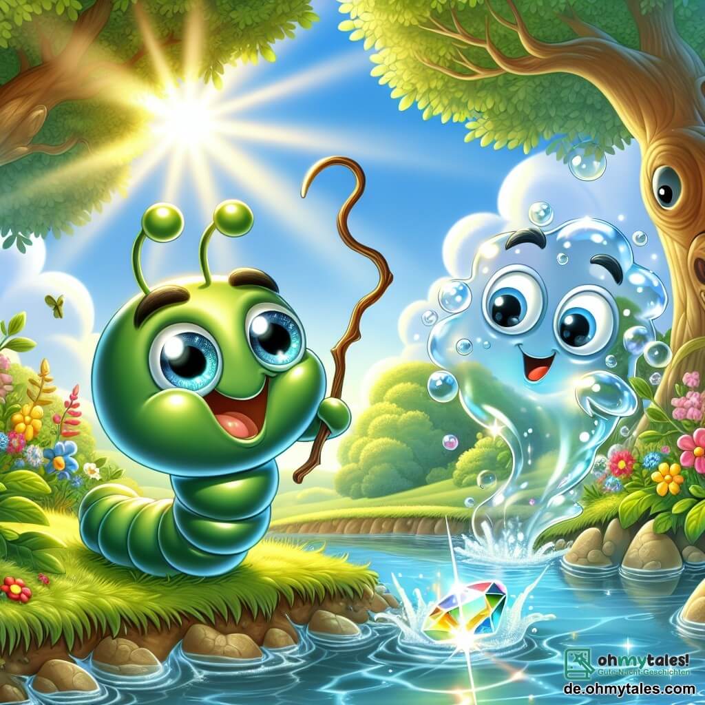 Ein kleiner Regenwurm mit einem glänzend grünen Körper und schelmisch funkelnden Augen tanzt fröhlich am Rand eines glitzernden Baches und hält einen hakenförmigen Wurm in seinen kleinen Füßen. Er zeigt ein großes Lächeln, das vor Entschlossenheit und Freude sprüht. In der Nähe beobachtet ein großer Wassergeist, der aus Blasen und Schaum besteht, mit einer Mischung aus Überraschung und Amüsement, seine Arme im Luft tanzend. Sein Gesicht lächelt, aber seine Augen sind vor Staunen weit aufgerissen. Die Szenerie zeigt einen wunderschönen Bach, umgeben von bunten Blumen und großen, leuchtend grünen Bäumen, unter einem klarblauen Himmel mit bauschigen Wolken. Sonnenstrahlen filtern durch die Äste und tauchen die Szene in ein sanftes goldenes Licht. Die Hauptsituation zeigt den kleinen Regenwurm, der versucht, einen glänzenden und geheimnisvollen Kristall zu ergreifen, der am Grund des Baches funkelt, während der amüsierte Wassergeist sich von dem fröhlichen Tanz des Wurms mitreißen lässt und eine Atmosphäre von Magie und Herausforderung schafft.