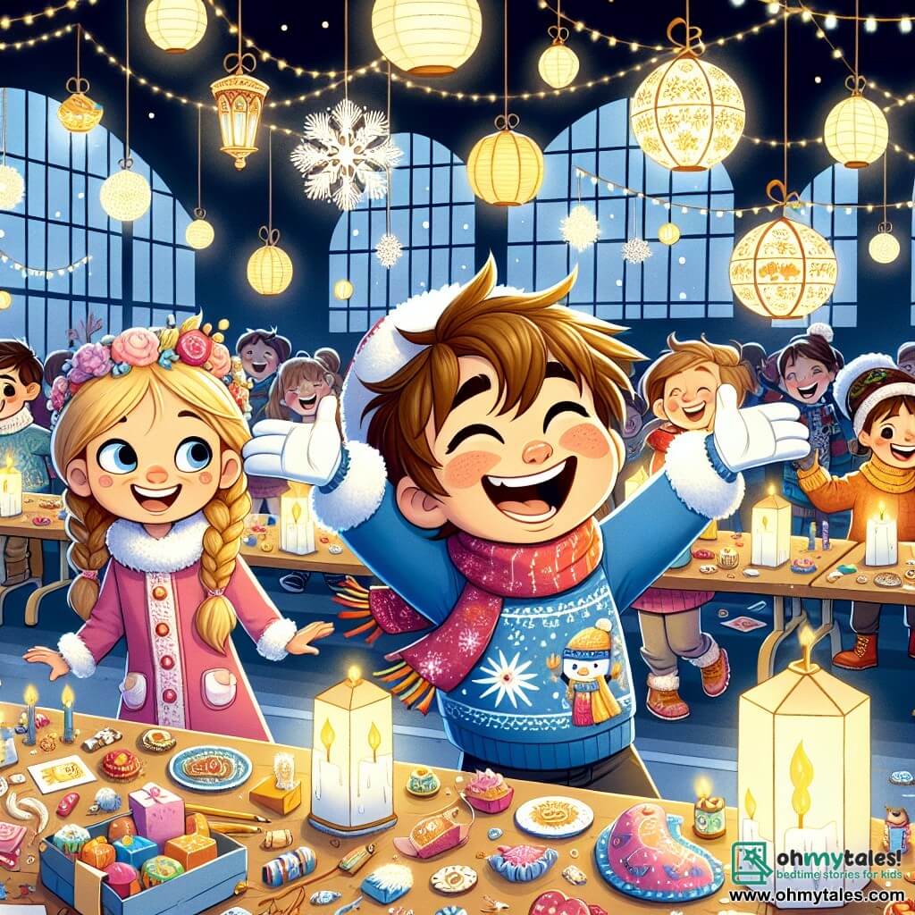 A 7-year-old boy named Oliver, with messy brown hair and rosy cheeks, is wearing a blue sweater with snowflakes and a bright red scarf. He is joyfully laughing with his arms open, surrounded by a group of children, his eyes sparkling with excitement. Next to him is Mia, a 7-year-old girl with braided blonde hair, wearing a pink coat and white gloves. She is smiling while holding a paper lantern they just made together, slightly in front of Oliver. The setting is a gym transformed into a winter wonderland, with twinkling lights, paper snowflakes hanging from the ceiling, and tables adorned with colorful treats and crafts. The scene shows Oliver and Mia sharing their excitement with other children, all captivated by the winter traditions they are discovering, surrounded by laughter and joy, as lanterns illuminate the space, creating a warm and festive atmosphere.