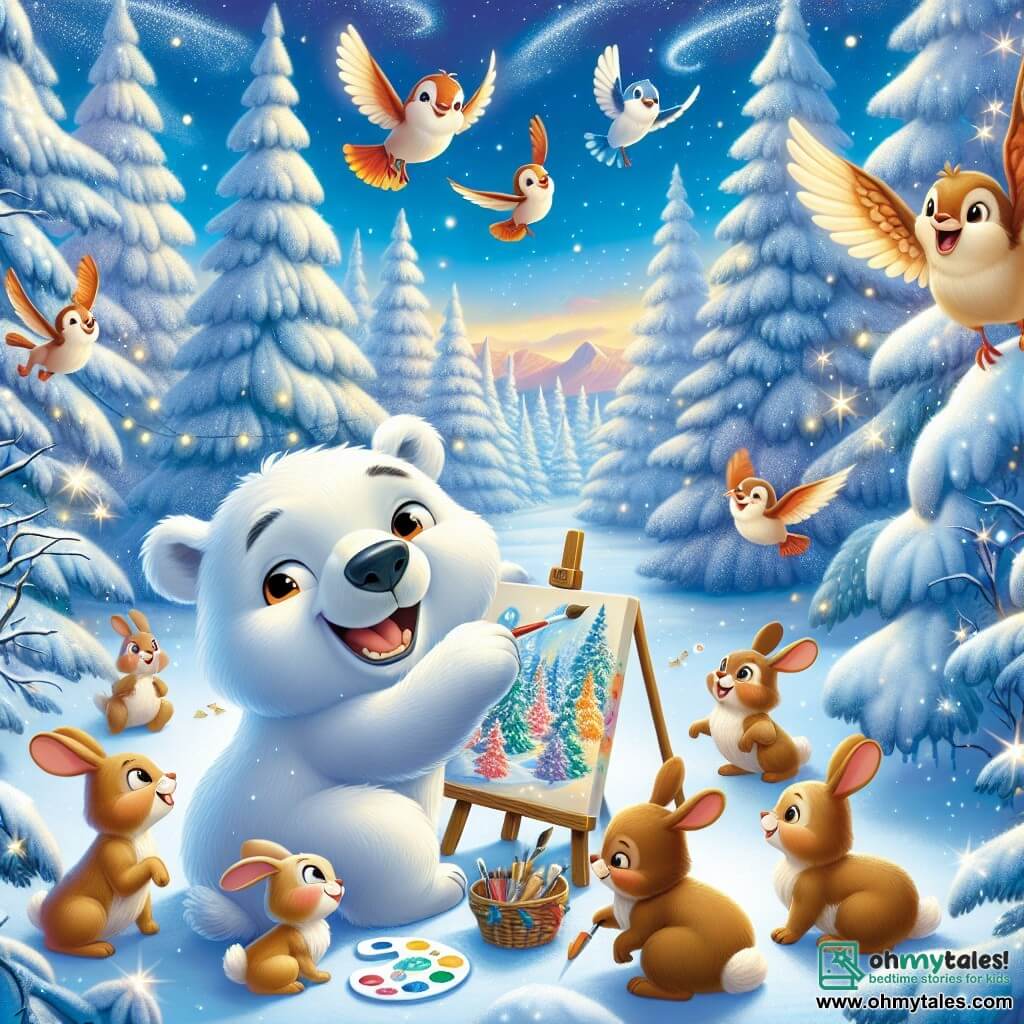 A cheerful polar bear named Benny, with fluffy white fur, stands at the center of the scene, smiling widely as he paints a large canvas. His eyes shine with excitement and his paws are covered in colorful paint. To his right, a family of small light brown rabbits with big ears and sparkling eyes hop joyfully in the snow, their faces beaming with happiness. To his left, a group of colorful birds, including a robin and a bluebird, sing on a tree branch, their bright feathers contrasting with the pristine white snow. The setting is a magical winter forest, with majestic trees covered in sparkling snow, gentle snowflakes falling from the light blue sky, and a ground blanketed in thick snow. The scene depicts Benny painting his winter picture, surrounded by his animal friends, all united in joy and creativity, celebrating the beauty of winter together.