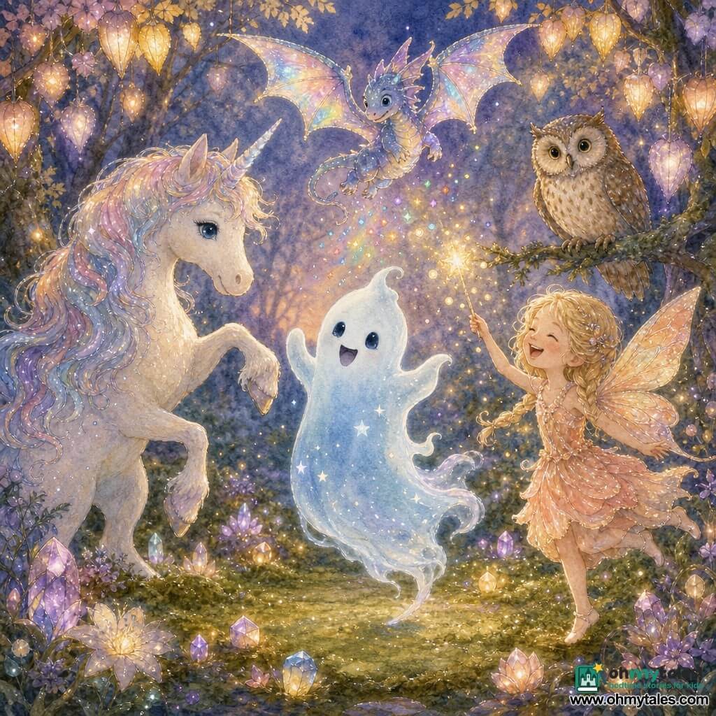 A small ghost named Boo, expressive and smiling, pale translucent blue with fuzzy edges and tiny white stars inside, floats joyfully in the center in a little dance swirl; a tiny dragon called Dazzle with iridescent glittering wings flies above scattering rainbow light; a laughing child‑sized fairy with braided blonde hair and peach diaphanous wings dances to the right, waving a wand that leaves light dots; a pearly white unicorn with a pastel mane stands to the left, muzzle turned to Boo and hoof raised inviting play; an old wise owl with speckled brown feathers perches on a low branch in the background watching with gentle bright eyes; the enchanted clearing is carpeted in green moss and surrounded by trees with golden and purple lanternlike leaves that glow softly, the ground dotted with glowing flowers and sparkling stones; main scene: a tender twilight party where the creatures play and dance together in warm, magical, comforting camaraderie.