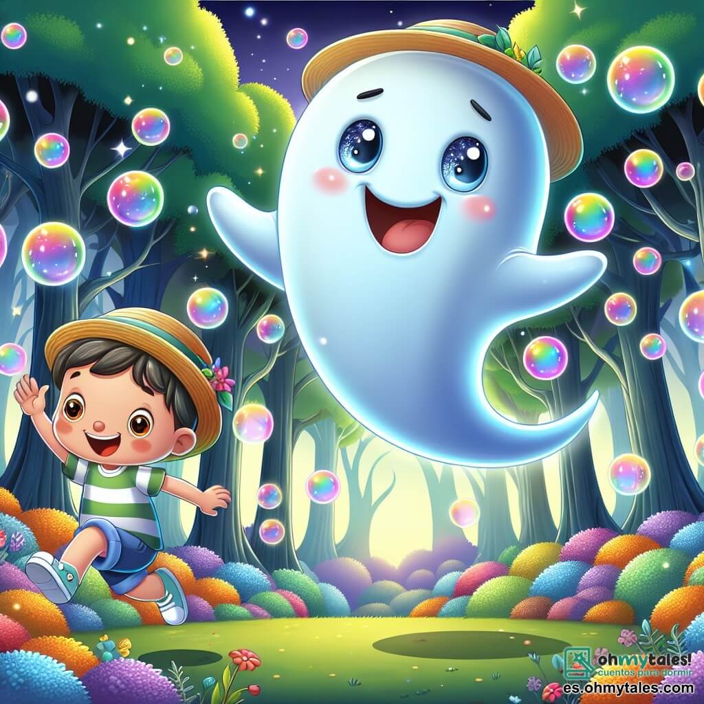 Un fantasma alegre llamado Fantasioso flota en el aire, con una gran sonrisa y ojos chispeantes de curiosidad. Es translúcido, con un leve resplandor azulado, y lleva un pequeño sombrero de paja de lado. Hace piruetas en el aire, rodeado de burbujas coloridas que estallan a su alrededor. Cerca, un zorrillo llamado Zippy, un niño pequeño con cabello castaño desordenado y una camiseta a rayas, corre con entusiasmo. Tiene un rostro sonriente y ojos brillantes, y se detiene para aplaudir a Fantasioso. El escenario es un hermoso Bosque de los Susurros, donde los árboles son altos y majestuosos, adornados con hojas brillantes que susurran al viento. Flores multicolores cubren el suelo, y luces brillantes flotan en el aire, creando una atmósfera mágica. La situación principal muestra a Fantasioso y Zippy divirtiéndose juntos, con Fantasioso haciendo burbujas gigantes y Zippy riendo a carcajadas mientras intenta atrapar las burbujas que flotan a su alrededor.