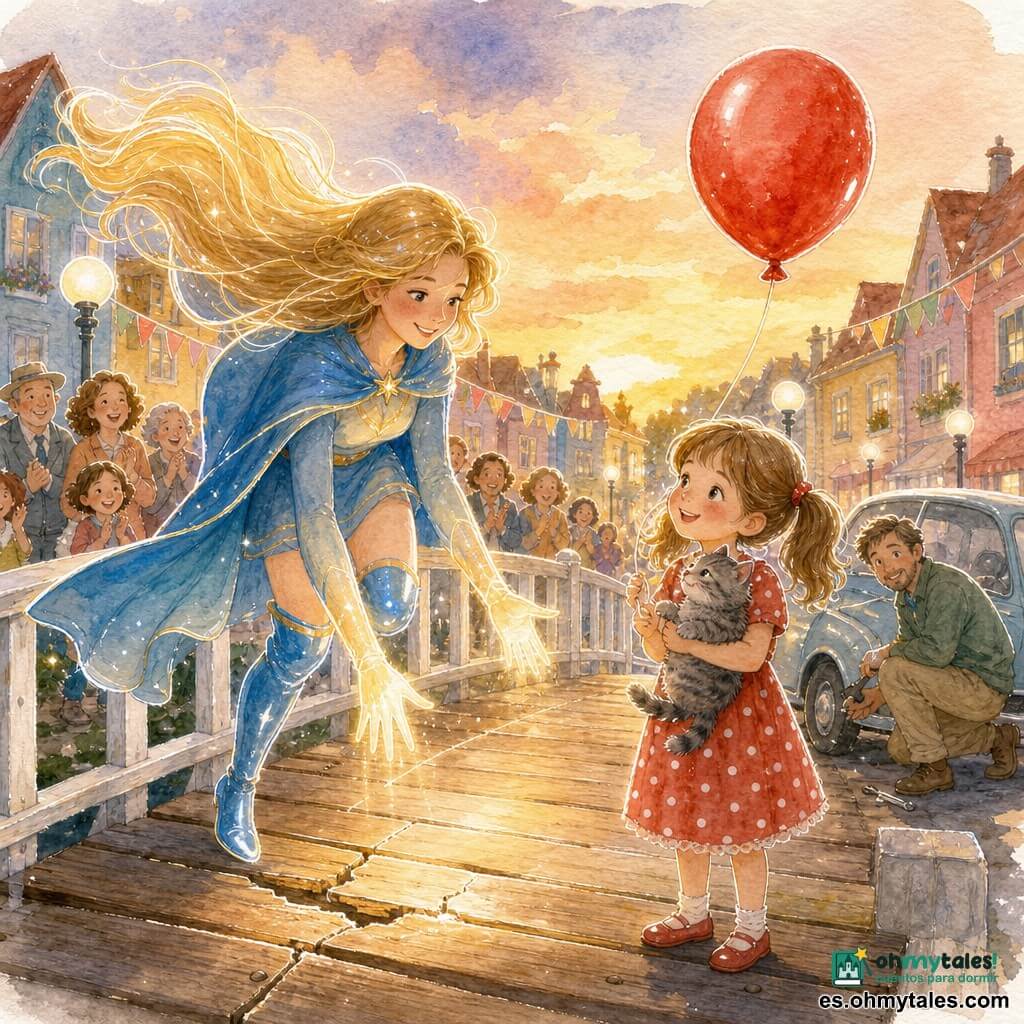 Capitana Luma, heroína muy alegre con cabello largo como hilos de luz dorada, capa azul y botas brillantes, vuela sobre un puente mientras sus manos emiten un resplandor amarillo pálido que reconstrue las tablas agrietadas; una niña de unos 6 años con coletas y vestido rojo de lunares sostiene un gran globo rojo con un gatito gris atigrado en su brazo; un hombre de unos 35 años, pantalón beige y chaqueta verde, está arrodillado junto a un coche pequeño con ruedas atascadas, aliviado; ciudad al atardecer con casas coloridas, banderolas y farolas; la multitud sonríe y aplaude.
