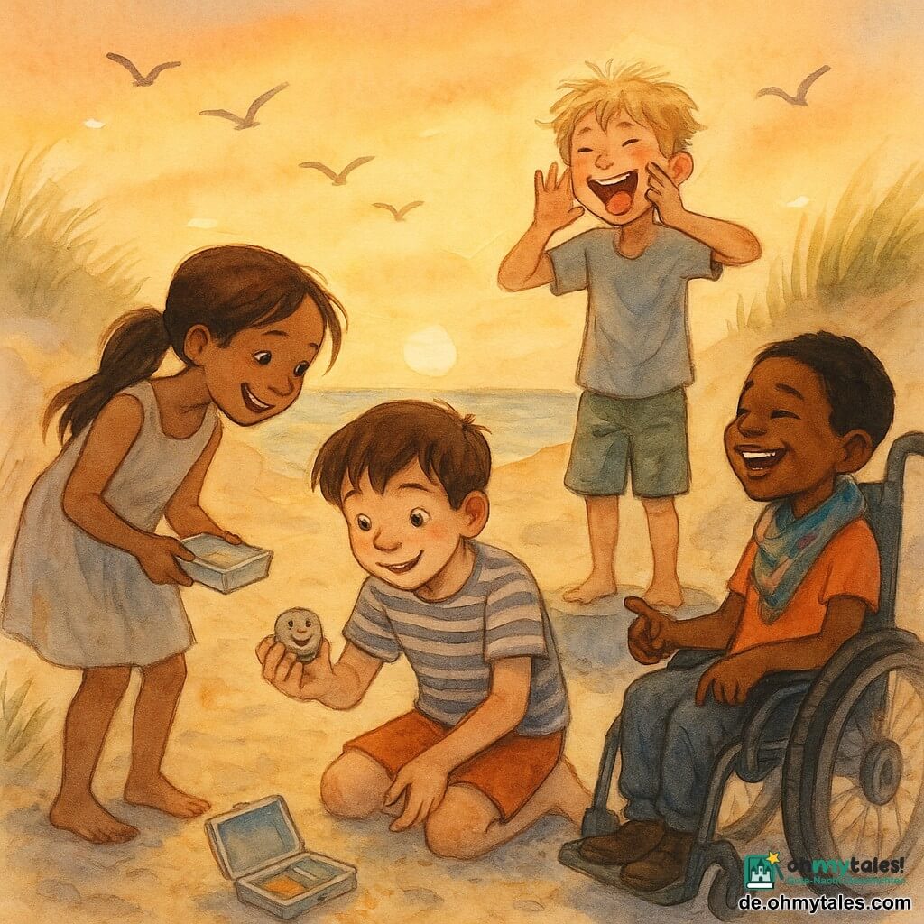 Vier Kinder (je 11 Jahre): Niko, kurz kastanienbraune Haare, gestreiftes T‑Shirt, kniet im Sand, hält ein kleines Papier und zeigt den Smiley‑Stein; Mara, lange braune Pferdeschwanz, leichtes Kleid, links, hält eine offene Plastikdose und lächelt verschmitzt; Ben, zerzauste blonde Haare, Bermudas, rechts auf einem flachen Stein stehend, zieht eine komische Grimasse; Leni im Rollstuhl, kurze Haare, buntes Tuch, rechts leicht zurückgelehnt, lacht und zeigt auf ein kleines Etui mit Mini‑Stift. Schauplatz: eine Dünenbucht mit feinem Sand, Treibholz, Algen, ausgebleibte Strandflagge, ruhiges Meer und oranger Sonnenuntergang mit Mövensilhouetten. Szene: Die vier um eine halb geöffnete Plastikbox in einer Sandmulde, legen einen lächelnden Stein hinein und schreiben eine Notiz; warme, vertraute Stimmung, konzentrierte Blicke, bereit zu lachen; sichtbare Texturen: Sandkörner an den Händen, aquarellartige Himmelstöne, weiße Gelstiftreflexe auf Papier und Augen.