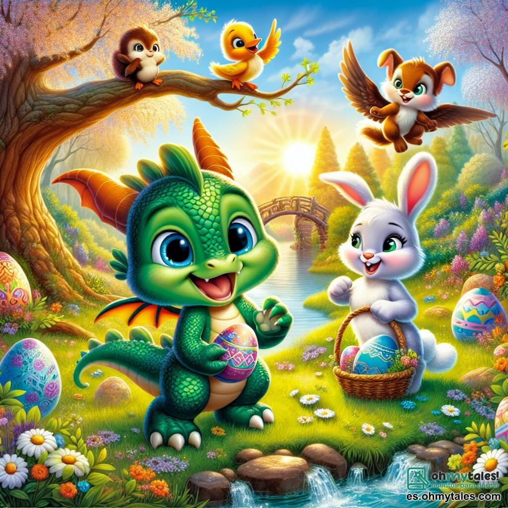 Flamin, un pequeño dragón de escamas verde esmeralda y grandes ojos azules brillantes, se encuentra en el centro de la escena, su rostro radiante de alegría y emoción mientras sostiene un huevo de Pascua colorido con sus patas. A su lado, Bombón, una adorable conejita de grandes orejas y pelaje blanco, sonríe con asombro, sosteniendo una pequeña cesta llena de flores. Piquito, un pato amarillo brillante, nada alegremente en un pequeño arroyo cercano, salpicando agua con sus alas, mientras Chispa, una pequeña ardilla de ojos traviesos, trepa por una rama de árbol, observando la escena con una sonrisa pícara. El decorado es un claro encantado, bañado por la luz dorada del sol, rodeado de árboles florecidos de colores vivos y flores silvestres que bailan al viento. Al fondo, un viejo roble majestuoso se erige, sirviendo de punto de referencia para la búsqueda del huevo mágico. La situación principal muestra a Flamin y sus amigos celebrando el descubrimiento del huevo de Pascua, rodeados de risas y colores brillantes, simbolizando la amistad y la magia de este día especial.