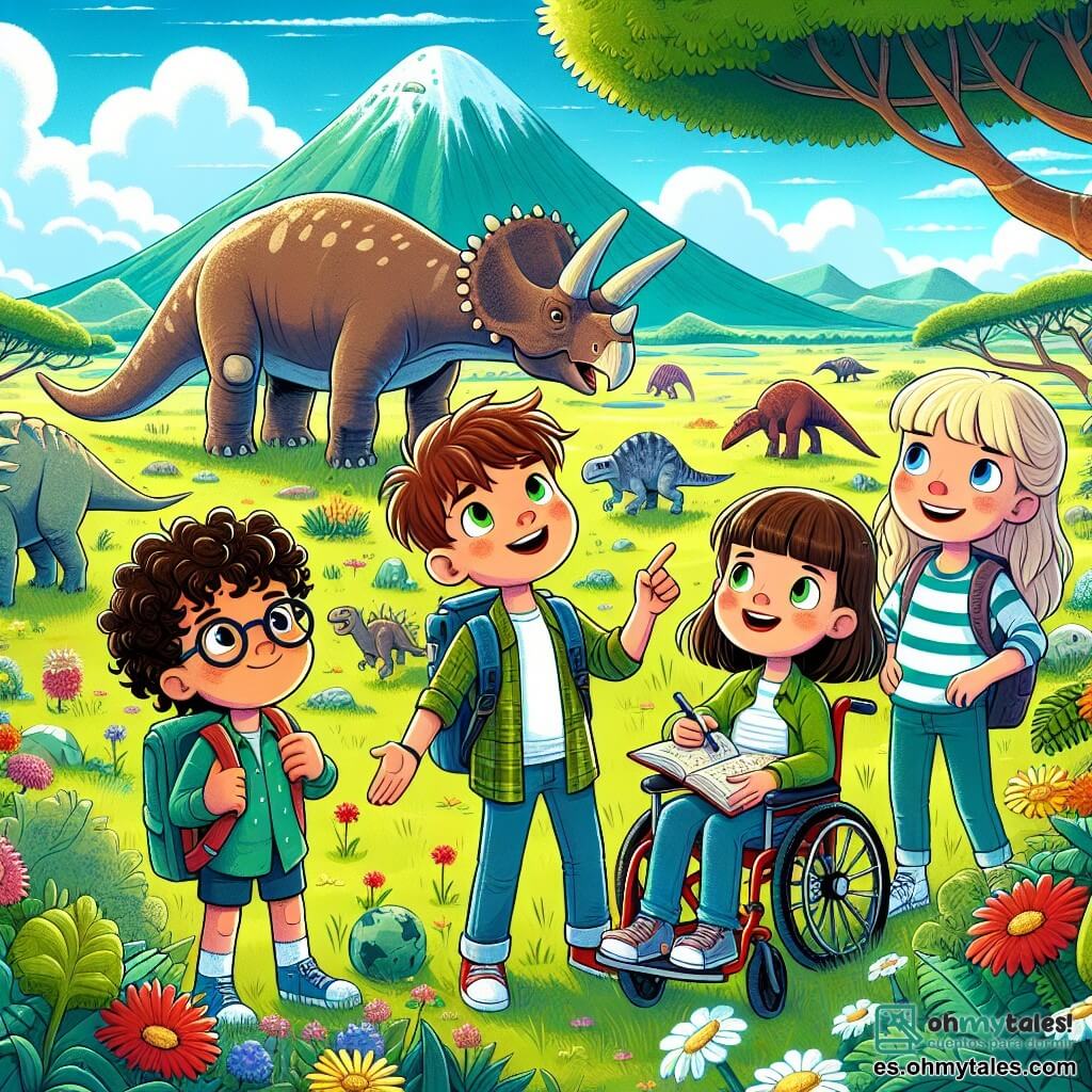 En una vasta llanura prehistórica, cuatro amigos se encuentran juntos, maravillados por su entorno. Lucas, un niño de 10 años con cabello rizado y gafas, observa con curiosidad un enorme triceratops a pocos metros de ellos. A su derecha, Sofía, una niña de 9 años con cabello largo y castaño, toma notas en un pequeño cuaderno, su rostro iluminado por la emoción. A la izquierda, Javier, un niño de 10 años con cabello corto y rubio, señala un grupo de dinosaurios a lo lejos, su amplia sonrisa revela su entusiasmo. Finalmente, Clara, una niña de 9 años en silla de ruedas, los observa con ojos brillantes, su sonrisa irradia determinación. El paisaje es una llanura verde, salpicada de flores coloridas y grandes árboles, bajo un cielo azul brillante. A lo lejos, se dibujan montañas en el horizonte, mientras que dinosaurios majestuosos se mueven pacíficamente por el paisaje. Los amigos, fascinados por la descubrimiento de este mundo prehistórico, están listos para explorar y aprender de las criaturas que los rodean, simbolizando su aventura de viaje en el tiempo.