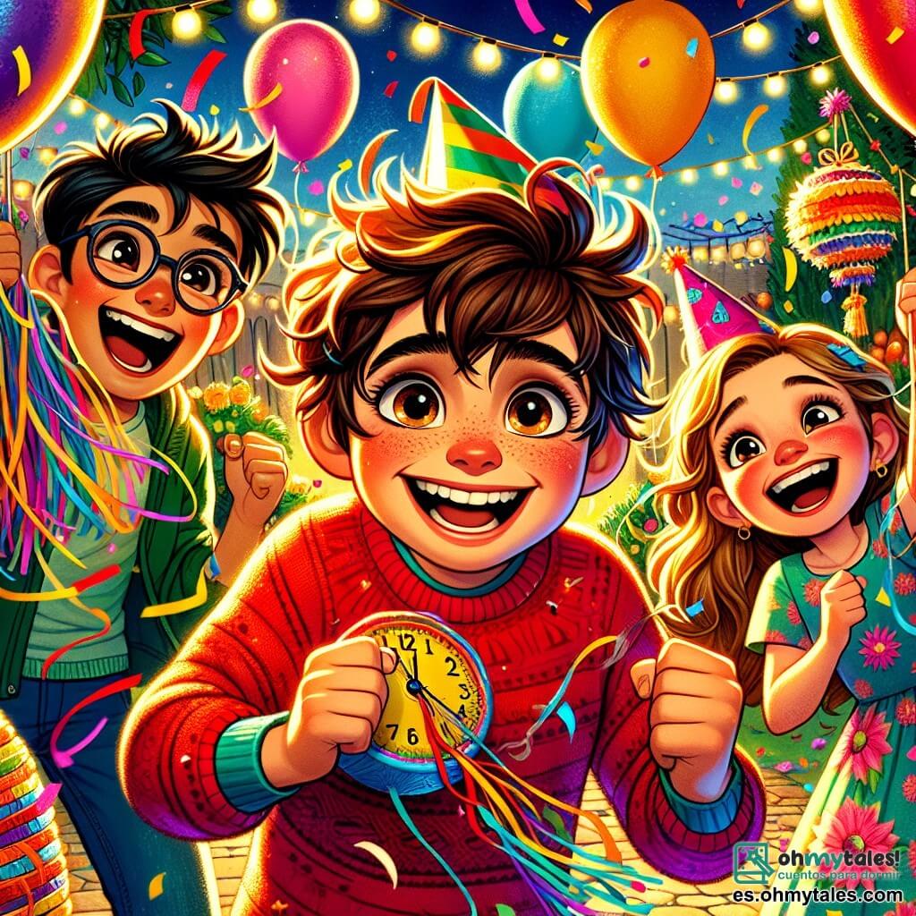 Un niño de 12 años, Nico, con cabello castaño desordenado y ojos brillantes de alegría, se encuentra en el centro de la escena, sonriendo ampliamente con mejillas sonrojadas por la emoción. Lleva un suéter rojo brillante y un gorro de fiesta colorido, sosteniendo una pequeña piñata en forma de reloj en sus manos. A su lado, Luis, su mejor amigo de 12 años, con cabello negro y gafas, ríe sosteniendo serpentinas multicolores, de pie a la izquierda. Sofía, una niña de 11 años con cabello largo rubio y un vestido de flores, está decorando el jardín con origami suspendido, a la derecha de Nico. La escena tiene lugar en el jardín de Luis, iluminado por guirnaldas brillantes y lleno de globos coloridos, creando una atmósfera festiva y alegre. Los niños están rodeados de risas y gritos de alegría, listos para celebrar el Año Nuevo juntos, con confeti flotando en el aire.