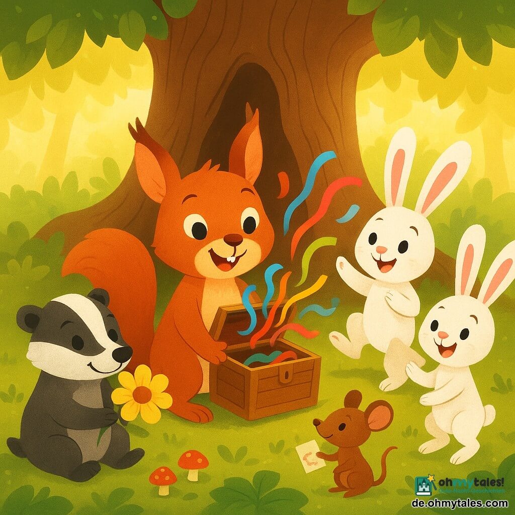 Emil, das rotbraune Eichhörnchen mit weichem Fell und spitzen Ohren, lächelt und hält eine offene Holzschachtel mit bunten Bändern; Pia, der kleine grauschwarze Dachs, sitzt links, hält eine große gelbe Blume und schaut staunend auf die Schachtel; Hoppel und Moppel, zwei weiße Kaninchen mit langen gestreiften Ohren, hüpfen rechts vor Freude, eines zeigt eine gefundene Zeichnung, das andere klatscht begeistert; Lilli, die schüchterne braune Maus, steht bei den Wurzeln des Stamms, lächelnd mit einem Papierhinweis; die Szene spielt am Fuß einer hohlen Eiche mit moosbedeckten Wurzeln, in einem Kreis aus Blättern und kleinen roten Pilzen, durch die goldene Sonnenstrahlen fallen — die Freunde haben gerade die Schatzkiste geöffnet, bunte Bänder schweben in der Luft, Ausdruck von Staunen, Kameradschaft und warmer, festlicher Stimmung.
