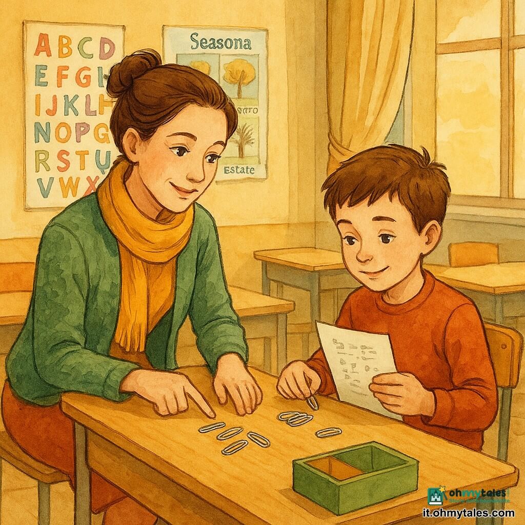 Un'insegnante trentenne, sorriso dolce e sguardo benevolo, capelli castani raccolti in uno chignon, sciarpa senape e cardigan di lana, è accovacciata vicino a una scrivania di legno spiegando una divisione mostrando graffette disposte in piccoli mucchietti; un ragazzo di circa 9 anni, capelli corti castani, espressione sollevata e concentrata, tiene un foglio di matematica e riposiziona una graffetta seduto alla destra dell'insegnante vicino alla panca; aula luminosa di pomeriggio con finestre alte e tende leggere, tavoli in legno chiaro, poster colorati con alfabeto e stagioni, una scatola di cartoncini verdi, gialli e rossi sulla scrivania; situazione calda e accogliente con toni ocra e verdi morbidi, tratti d'inchiostro netti e lavature di colore e luce dorata del tardo pomeriggio che entra dalla finestra, l'insegnante aiuta lo studente a comprendere una divisione pratica usando le graffette come "caramelle".