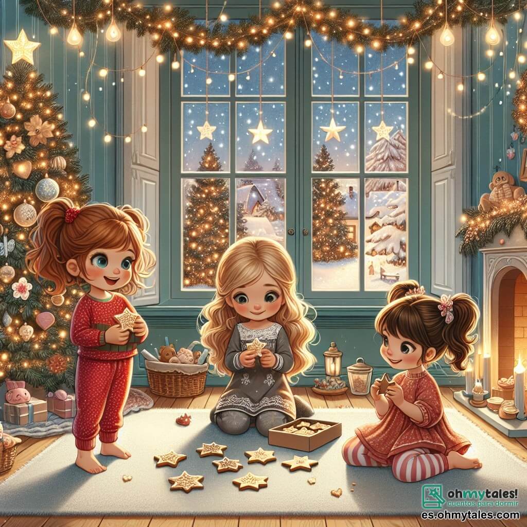 En una cálida casa navideña, tres niñas están reunidas alrededor de un hermoso árbol decorado. Ana, de 7 años con cabello largo y castaño y pijama rojo, observa maravillada las luces brillantes del árbol. Junto a ella, Bea, de 6 años con cabello rubio y rizado, sonríe sosteniendo una estrella de papel que acaba de hacer. Carla, la más pequeña con 5 años y cabello castaño en dos coletas, está sentada en la alfombra, rodeada de galletas en forma de estrella, lista para compartir con sus hermanas. La habitación es acogedora, con paredes azul pastel y guirnaldas luminosas en las ventanas. La chimenea crepita suavemente, proyectando luz dorada sobre el suave tapete. La nieve cae suavemente afuera, creando un paisaje de ensueño. Las tres niñas ríen y comparten galletas, mientras un pequeño duende llamado Pepo, con un sombrero verde y una sonrisa brillante, aparece de repente detrás del árbol, listo para revelarles la magia de la Navidad.