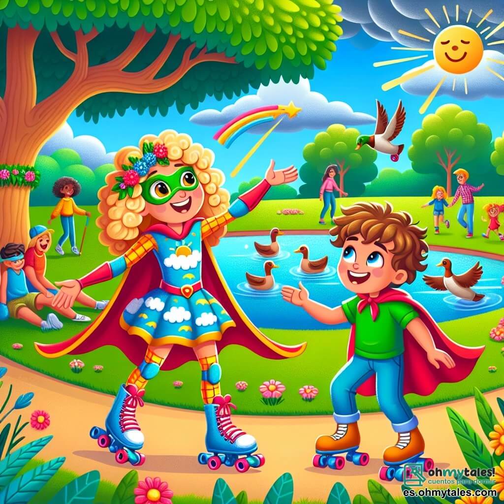 Lola, una joven superheroína con cabello rizado y dorado, lleva un disfraz colorido con motivos de nubes y soles. Tiene una gran sonrisa en el rostro, con ojos chispeantes de travesura, mientras se inclina para hablar con un grupo de patines que parecen cobrar vida a su alrededor, como si le contaran un chiste. Max, su amigo travieso, es un niño de 10 años con el cabello castaño despeinado y una capa roja ondeando detrás de él. Se ríe a carcajadas, con los brazos en alto, justo al lado de Lola, listo para ayudarla en esta divertida situación. El escenario es un parque soleado, lleno de vegetación exuberante, flores coloridas y familias paseando. Al fondo, se ve un lago brillante donde nadan patos pacíficamente, mientras un majestuoso árbol ofrece sombra a algunos niños que juegan al frisbee. La situación principal muestra a Lola conversando alegremente con los patines que, por alguna razón misteriosa, han decidido animarse y hacer piruetas a su alrededor, mientras Max, divertido, intenta imitarlos saltando y bailando.