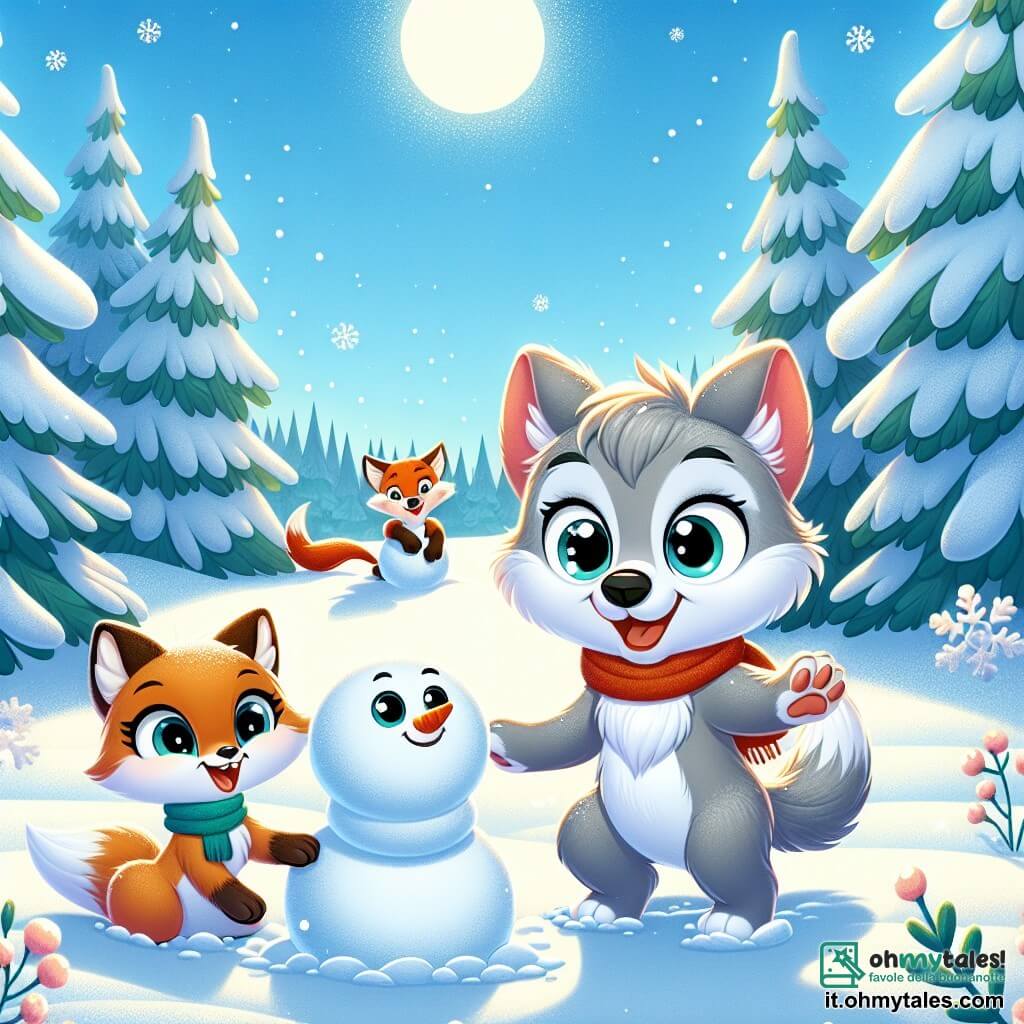 Leo, un piccolo lupo dai peli grigi e dagli occhi scintillanti, è gioioso e curioso mentre salta nella neve fresca, con un grande sorriso sul volto. Vicino a lui, la volpe di neve, una volpe dal pelo bianco splendente e dagli occhi maliziosi, osserva Leo ridendo, con le zampe nella neve, pronta a giocare. Lo scenario è una foresta invernale magica, con alberi coperti di neve scintillante, fiocchi che cadono dolcemente dal cielo azzurro e un grande tappeto di neve che brilla sotto il sole. La scena principale mostra Leo e la volpe che costruiscono un pupazzo di neve, circondati da risate e gioia mentre si divertono insieme in questo paesaggio incantato.