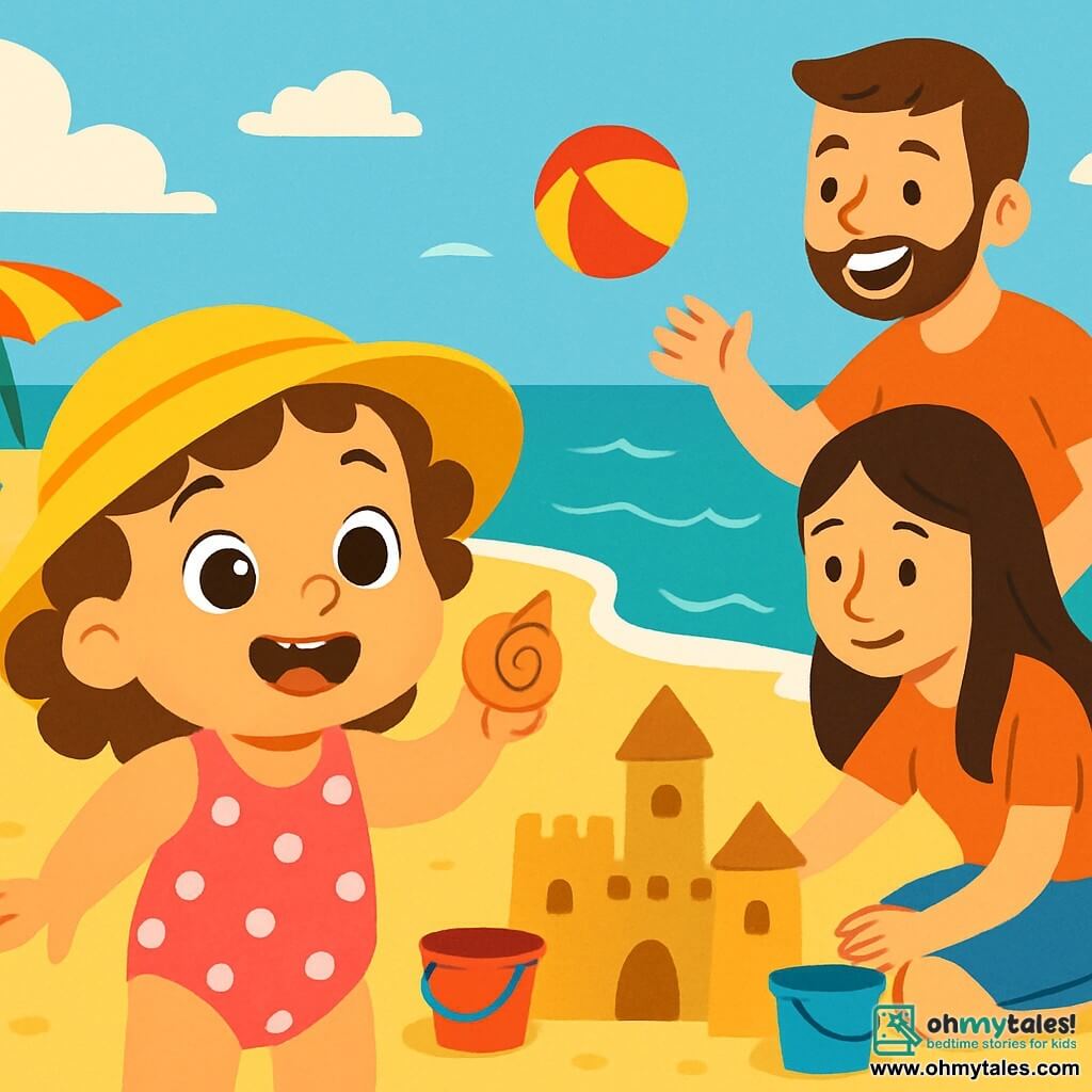 A 2-year-old girl with big bright eyes and curly hair joyfully smiles while holding a spiral-shaped shell in her hand. She wears a pink polka-dotted swimsuit and a yellow sun hat. Next to her, her mother, a woman around 30 with long straight hair, is crouching down, building a sandcastle with colorful buckets. The father, a man about 30 with a light beard, stands nearby, laughing and throwing a ball to his daughter. The scene takes place on a sunny beach with golden sand stretching as far as the eye can see, turquoise waves gently crashing on the shore, and colorful umbrellas dancing in the wind. The little girl is fascinated by the beauty of the shell she found, while her family enjoys creating a magnificent sandcastle, surrounded by laughter and joy.