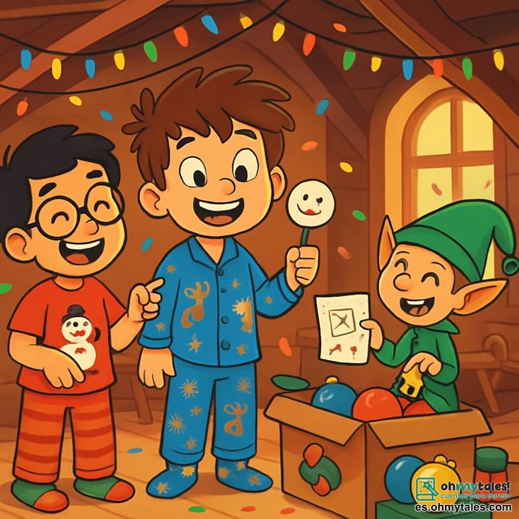 Hay 3 personajes: - Lucas: Un niño de 8 años con el cabello castaño desordenado y ojos llenos de curiosidad. Lleva un pijama azul con motivos de renos y calcetines navideños de colores. Está de pie en el centro, sosteniendo un malvavisco con forma de cara sonriente. - Mateo: Un niño de 8 años, mejor amigo de Lucas, con cabello negro y gafas redondas. Lleva una camiseta roja con un muñeco de nieve y pantalones de pijama a rayas. Está a la izquierda de Lucas, riendo y señalando la nota del duende. - El Duende Bromista: Un pequeño duende con orejas puntiagudas, una gran sonrisa traviesa y un sombrero verde con pompón. Está sentado sobre una caja de decoraciones, sosteniendo una pequeña campana dorada. Está a la derecha de Lucas, listo para hacer una broma. El lugar es un desorden alegre en el desván de una casa decorada para Navidad. Guirnaldas brillantes cuelgan del techo, cajas de decoraciones coloridas están esparcidas por el suelo y un viejo trineo de madera es visible al fondo. La luz suave de una ventana ilumina la escena, creando una atmósfera mágica. La situación principal muestra a Lucas y Mateo, maravillados, descubriendo al duende bromista que les ha dejado sorpresas. Ríen juntos, rodeados de confeti de colores, mientras el duende, con un aire travieso, parece listo para llevarlos a una nueva aventura llena de risas y magia.