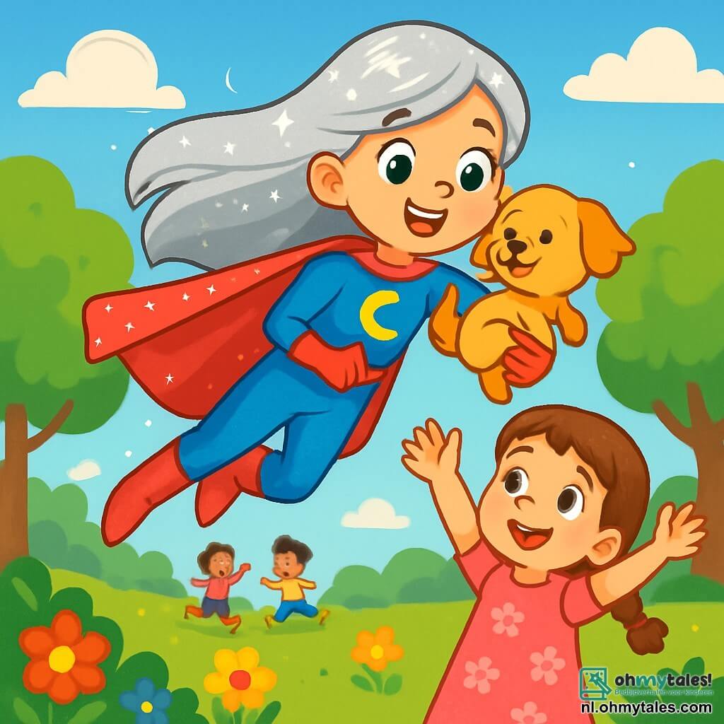 Luna, een superheldin, is een vrouw met lange zilveren haren die glinsteren als sterren, gekleed in een sprankelende cape en een heldere blauwe kostuum. Ze heeft een warme en vastberaden glimlach, haar ogen twinkelen van opwinding terwijl ze door de lucht vliegt met een kleine hond in haar armen. Emma, een 8-jarig meisje, heeft bruin gevlochten haar en draagt een roze jurk met bloemenpatronen. Ze staat op de grond met haar armen omhoog van blijdschap, kijkend naar Luna met bewondering. Sparky, een kleine hond met gouden vacht, kwispelt met zijn staart in Luna's armen, zijn ogen stralend van geluk. De scène speelt zich af in een zonnig park, vol weelderige groene bomen en kleurrijke bloemen, met spelende en lachende kinderen op de achtergrond. De lucht is helder blauw met enkele donzige witte wolken. Luna heeft net Sparky, Emma's hond, gered die verdwaald was. Ze vliegt gracieus, stralend van trots en geluk, terwijl Emma haar vreugde en dankbaarheid uitdrukt, wat een sfeer van kameraadschap en magie creëert.