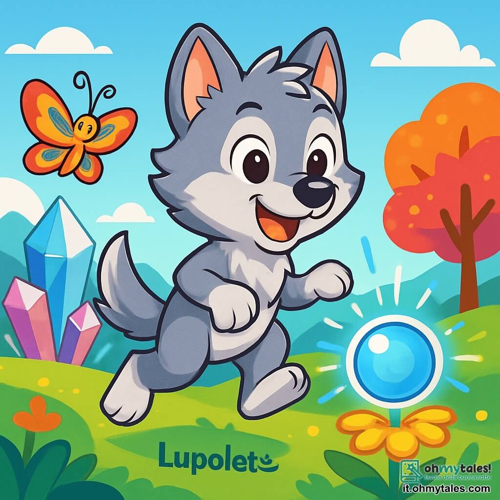 Un piccolo lupo di nome Lupoletto, con un pelo grigio-argentato brillante e grandi occhi curiosi, salta gioiosamente in una valle magica, sorridente e pieno di eccitazione. Al suo fianco, una piccola farfalla colorata, con ali multicolori, vola liberamente, esprimendo gratitudine e gioia, fluttuando sopra un fiore scintillante. La scena si svolge in una valle incantevole, dove grandi cristalli brillano sotto il sole, e alberi con foglie colorate danzano dolcemente nel vento. Lupoletto sta scoprendo la Sfera Luminosa, una sfera magica che emette una luce blu brillante, illuminando la valle con colori vivaci, mentre si prepara a realizzare la sua prima magia.