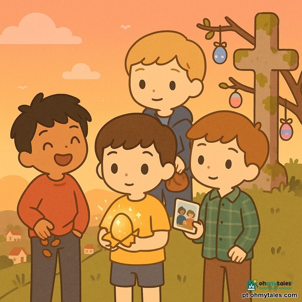 Quatro crianças: Tiago, 11 anos, cabelos castanhos curtos, camiseta amarela, olhos curiosos, segura um pequeno ovo dourado no centro; Rúben, 11 anos, cabelos pretos despenteados, sweat vermelho, sorriso largo, à esquerda de Tiago, aponta para o céu rindo, mão numa bolsa com amêndoas; Martim, 11 anos, cabelos castanho-claro, camisa xadrez verde, olhar pensativo, à direita de Tiago, estende um cartão colorido para uma família ao fundo; Duarte, 12 anos, cabelos loiros, casaco azul, expressão calma e protetora, fica atrás de Tiago com um pequeno saco. Local: miradouro gramado no topo de uma colina ao pôr do sol, pedras de uma cruz antiga cobertas de musgo, céu alaranjado com nuvens rosadas, alguns fitilhos e ovos pendurados nos arbustos, vista de casinhas abaixo. Situação: os quatro compartilham um ovo dourado brilhante que deram a uma família mais adiante; luz suave do crepúsculo faz o papel dourado cintilar, atmosfera calorosa e generosa, expressões de alegria e surpresa, composição centrada na mão estendida e no ovo luminoso.