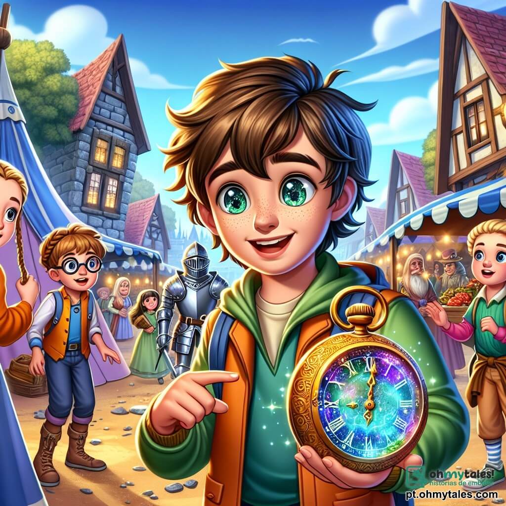 Um menino de 10 anos, com cabelos castanhos bagunçados e olhos brilhantes de curiosidade, está no centro da imagem, segurando um antigo e misterioso relógio brilhante nas mãos, com um sorriso maravilhado no rosto. Ao seu lado, uma menina de 10 anos, com óculos redondos e cabelos trançados, observa o menino com uma mistura de empolgação e preocupação, enquanto outro menino de 10 anos, com olhar aventureiro e roupas coloridas, aponta para uma grande tenda ao longe, onde cavaleiros armadurados conversam. Ao fundo, uma vila medieval animada se desenrola, com casas de pedra e telhados de palha, barracas de mercado cheias de frutas e pães, e crianças brincando na rua. A cena representa o momento em que o grupo de jovens amigos descobre que viajaram no tempo, prontos para explorar esse mundo fascinante e viver uma aventura inesquecível.