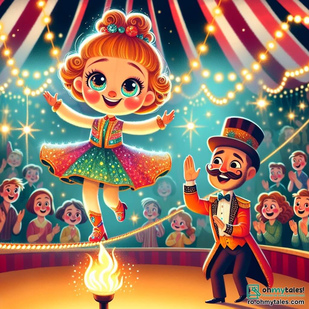 Păpușa, o păpușă adorabilă din țesătură cu ochi strălucitori și un zâmbet radiant, dansează cu grație pe o frânghie întinsă, fața ei strălucind de entuziasm și determinare. Poartă o rochiță colorată împodobită cu sclipici care strălucește sub luminile circului. Aproape de ea, Vasile, un circăreț înalt și zâmbitor cu o mustață cârlionțată și un pălărie înaltă, o încurajează cu entuziasm, brațele ridicate în semn de aplauze. Locul este un circ vibrant, cu un mare cort cu dungi roșii și albe, iluminat de ghirlande de lumini strălucitoare. Spectatorii uimiți, cu fețe vesele, umplu băncile de lemn, creând o atmosferă festivă și magică. Păpușa realizează un număr îndrăzneț, sărind printr-un cerc de foc, în timp ce publicul aplaudă cu entuziasm, captivat de curajul și prestația ei spectaculoasă.