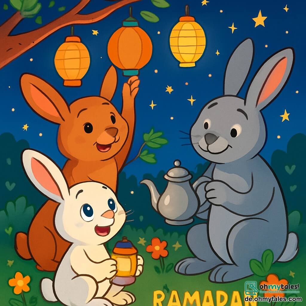 Hoppel, der kleine weiße Hase mit großen Ohren und neugierigen, strahlenden Augen, sitzt auf dem grünen Gras und schaut in den sternenklaren Himmel. Er hält eine kleine bunte Lampe in seinen Pfoten, die sein Gesicht sanft erleuchtet. Neben ihm hängt Mama Hase, eine sanfte braune Mami mit einem warmen Blick, bunte Laternen an einen Ast, ihr Gesicht strahlt vor Freude. Papa Hase, ein kräftiger grauer Hase, poliert eine hübsche Teekanne aus Metall und wirkt konzentriert, aber zufrieden. Die Szene spielt in einem charmanten nächtlichen Garten, voller leuchtender Blumen und funkelnder Sterne am Himmel. Bunte Laternen hängen von den Bäumen und schaffen eine magische, festliche Atmosphäre. Hoppel, begeistert von der Schönheit der Nacht, bereitet sich darauf vor, den Beginn des Ramadan mit seiner Familie zu feiern, umgeben von Lachen und Licht, bereit, Momente des Teilens und der Freude zu erleben.