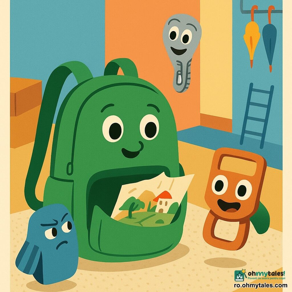 Un rucsac verde deschis numit Pufi, rotunjit și moale, cu două bretele atârnând, ochi brodați și o buzunar mare deschis, pare curios și ține o hartă mototolită între bretele; un fermoar argintiu antropomorfizat (Fermoarul), cu dinți strălucitori și un zâmbet „zîîp”, plutește deasupra gurii rucsacului ca un prieten protector; o cataramă mare metalică cu reflexe cuprii (Catarama), cu ochi pictați, privește entuziasmat harta, iar un buzunar lateral din material în dungi (Buzunarul Lateral) e sceptic și indică harta; decorul e un hol luminos în tonuri pastel, cu plafoane joase, prag și covor crem texturat, o cutie de carton ușor deschisă, un cuier cu umbrele colorate și o scară mică metalică sprijinită de perete; scena surprinde clipa în care rucsacul descoperă harta „Satul de sub plintă”, cu blocuri de culoare clare, umbre moi și texturi sugerate (fibrele covorului, metalul lustruit, cusăturile rucsacului), într-o atmosferă de aventură naivă și veselă.