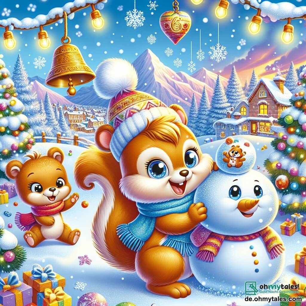 Ein kleiner, funkeläugiger Eichhörnchen namens Fips lacht fröhlich, während er einen großen Schneeball auf eine hängende Glocke wirft, die eine fröhliche Melodie erzeugt. Neben ihm bauen zwei Plüschbären mit lächelnden Gesichtern und bunten Schals einen großen Schneemann, ihre Pfoten voller Schnee. Im Hintergrund eine bezaubernde Winterlandschaft mit glitzernden Bergen unter einem klarblauen Himmel und sanft fallenden Schneeflocken. Die Szene spielt in einem festlichen Dorf, geschmückt mit bunten Lichtern und Girlanden, wo sich alle Tiere versammeln, um das Neue Jahr in einer fröhlichen und herzlichen Atmosphäre zu feiern.