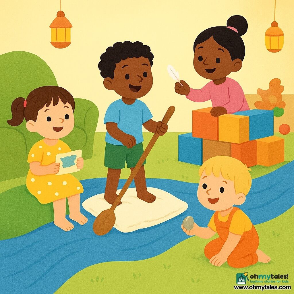 There are four children: a 5-year-old girl with short brown hair in pigtails tied with red ribbons wearing a yellow polka-dot dress sitting left on a chair-shaped hill holding a small fabric card and smiling; a 6-year-old boy with curly black hair in a sky-blue t-shirt and green shorts standing center, pushing a pillow raft with a wooden spoon as a rudder; a 4-year-old boy with straight blond hair in orange overalls crouched right holding a shiny pebble; and a 5-year-old girl with long black hair in a bun with a barrette wearing a pink sweater standing behind a fort of boxes offering a small white feather; setting: a large bedroom turned into an adventure landscape with a green carpet like a meadow, a chair-shaped hill, a “river” of blue sheet, a colorful box fort, hanging lamps like lanterns and scattered toys; main scene: the four little adventurers cross the “river” on the pillow raft, laughing and sharing treasures, warm atmosphere, vivid colors, simple shapes, soft textures.